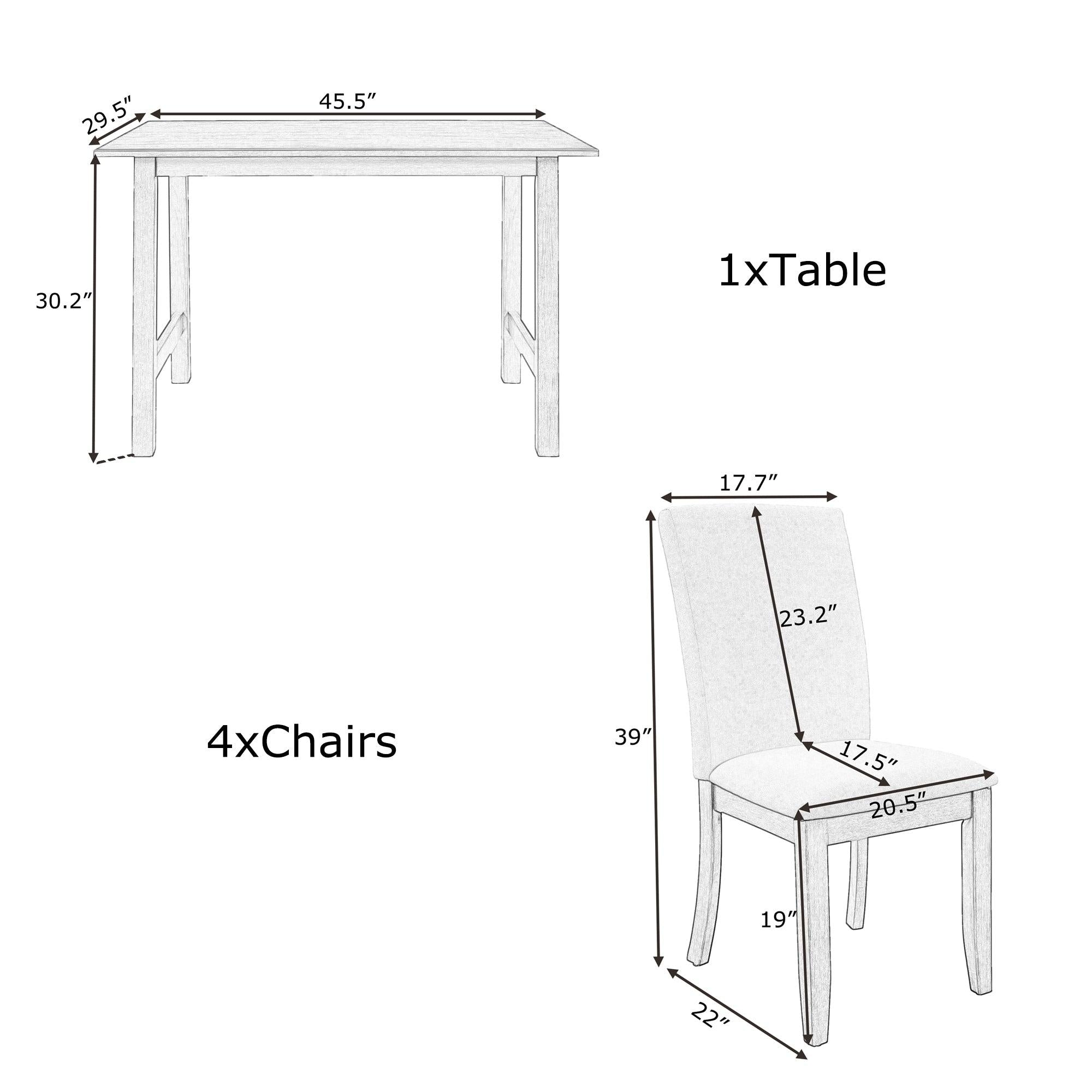 Farmhouse 5-Piece Wood Dining Table Set for 4, Kitchen Furniture Set with 4 Upholstered Dining Chairs for Small Places, Gray Table+Gray Chair