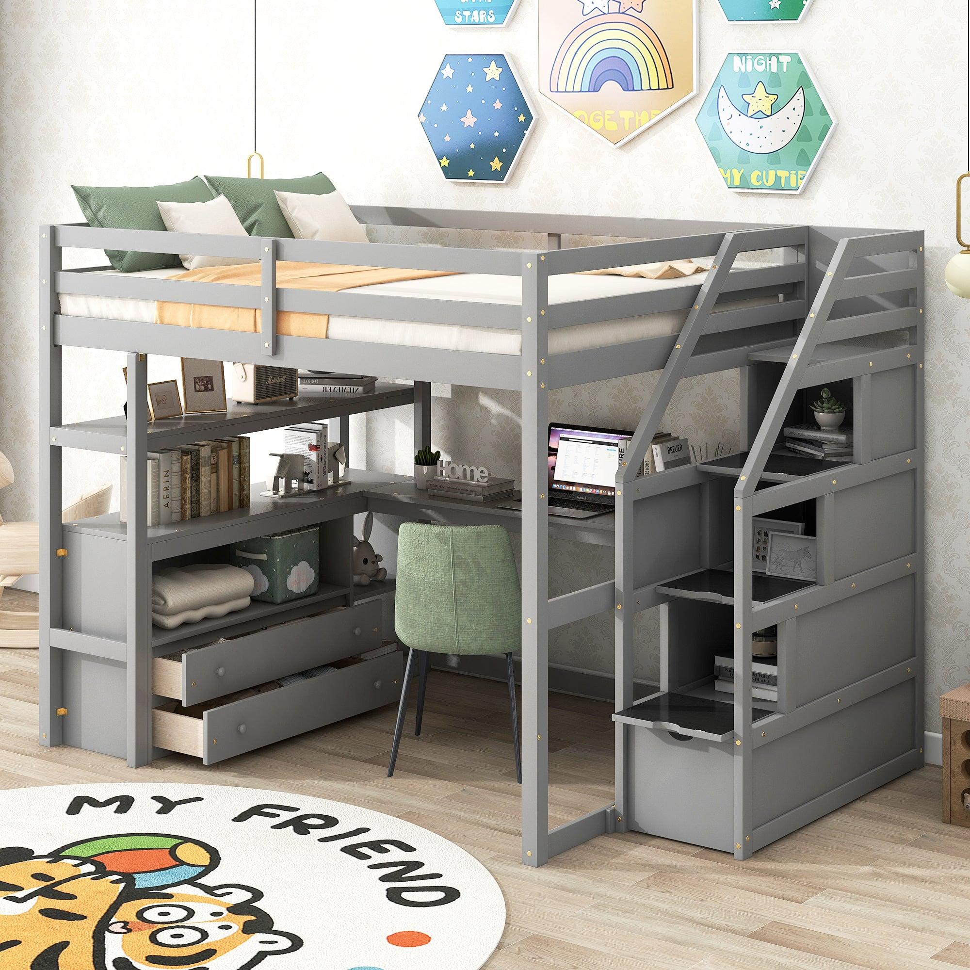 Full Size Loft Bed with Desk and Shelves, Two Built-in Drawers,Storage Staircase, Gray image