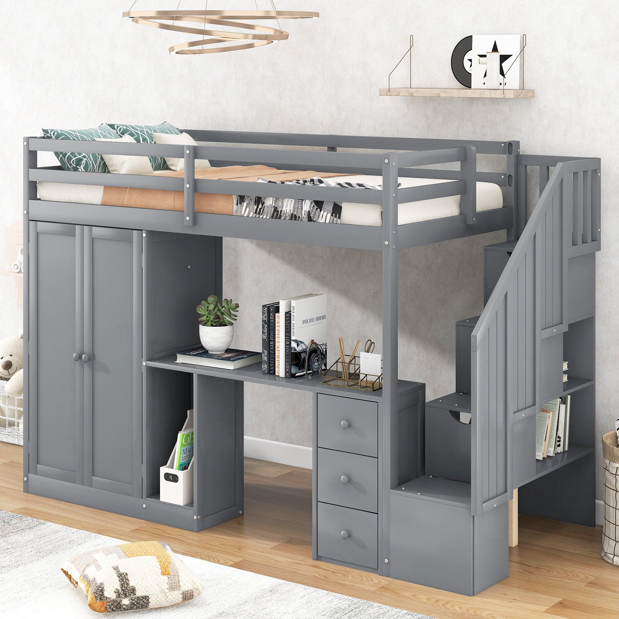 Twin Size Loft Bed with Wardrobe and Staircase, Desk andStorage Drawers and Cabinet in 1,Gray image