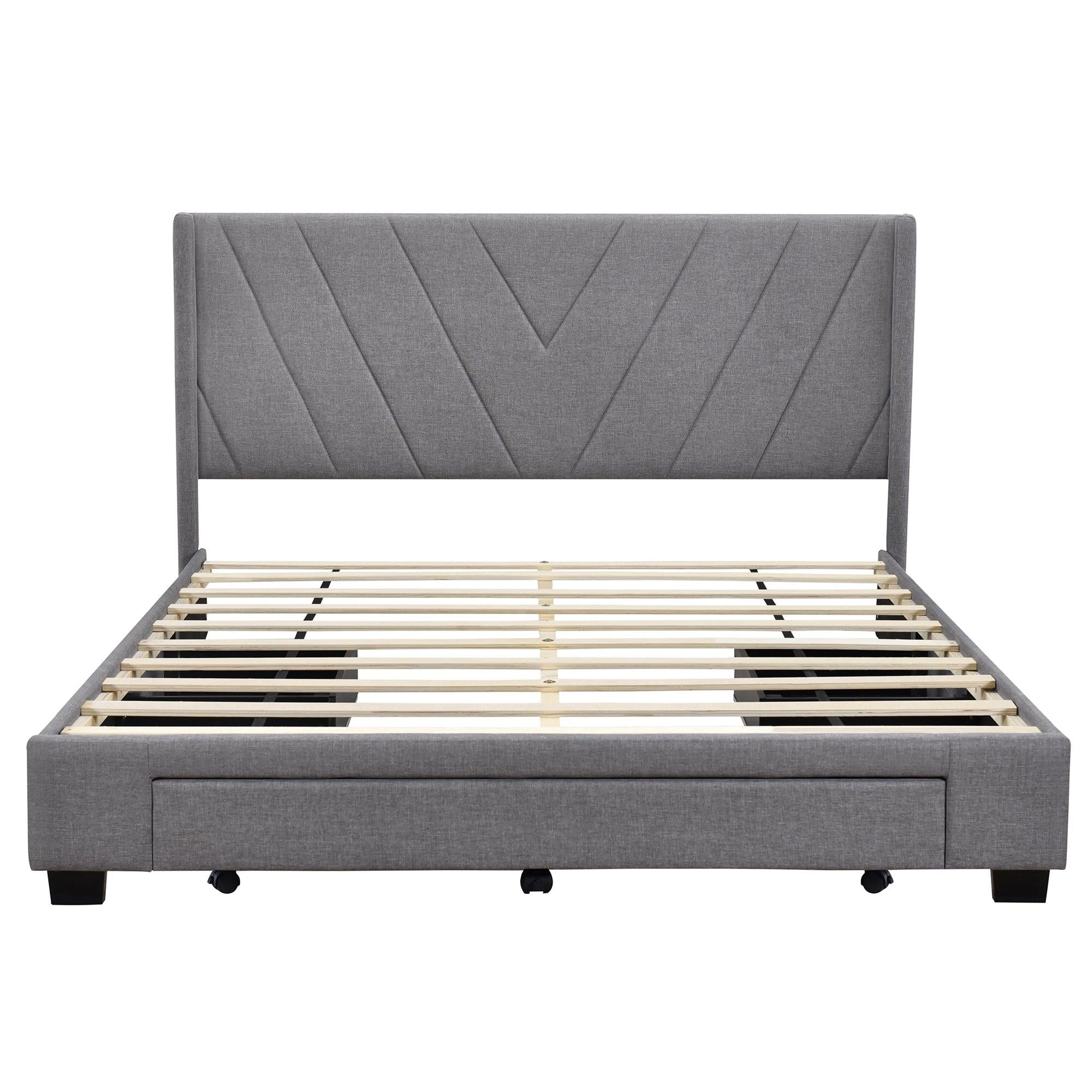 Queen SizeStorage Bed Linen Upholstered Platform Bed with 3 Drawers (Gray)