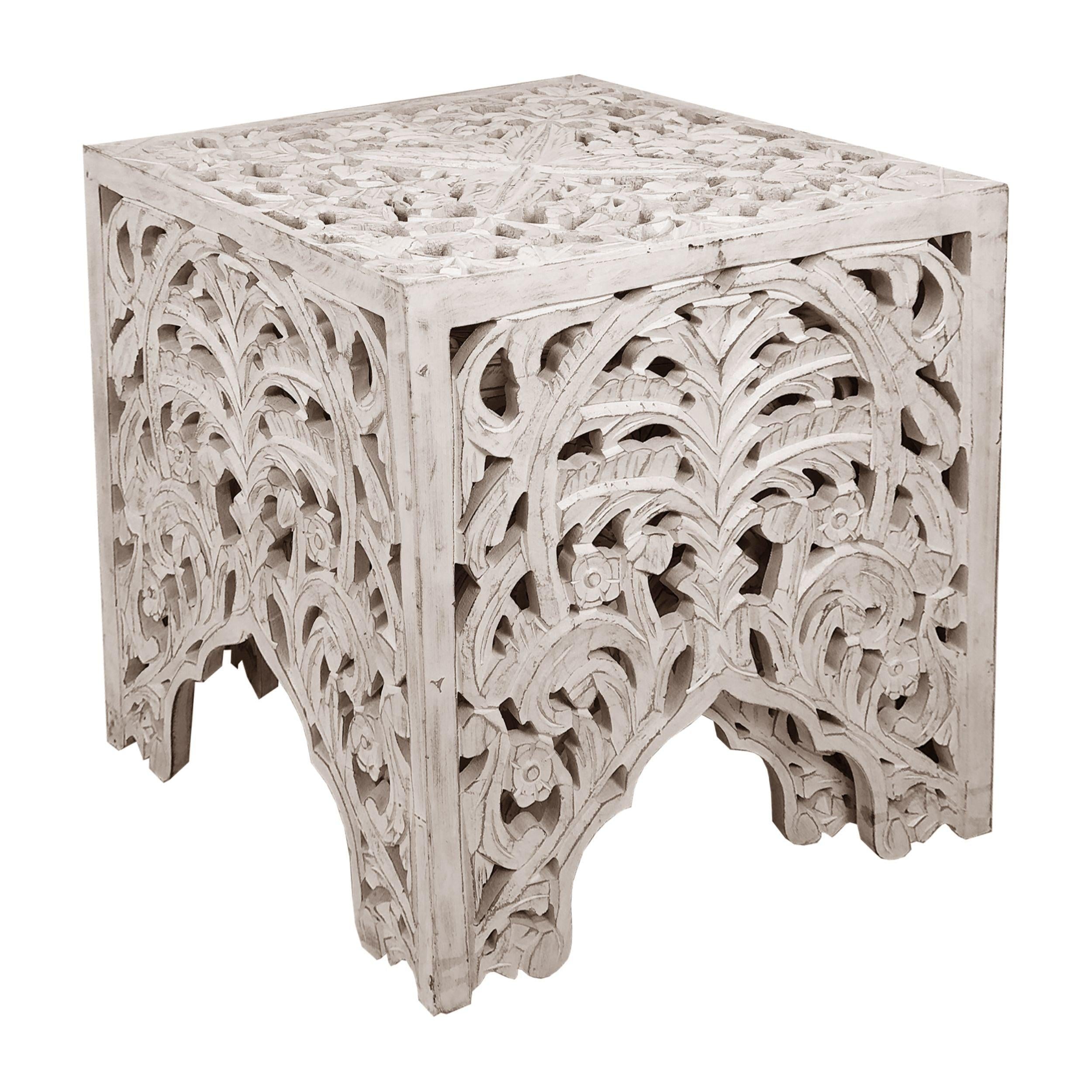 Wooden End Table with Floral Cut Out Design, Set of 2, Antique White