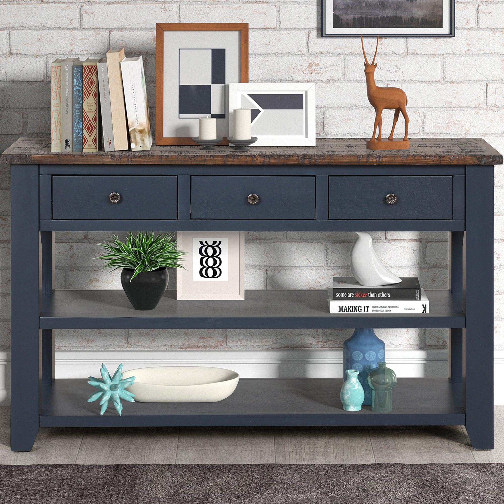 48'' Solid Pine Wood Top Console Table,Modern Entryway Sofa Side Table with 3Storage Drawers and 2 Shelves. Easy to Assemble (Blue) image