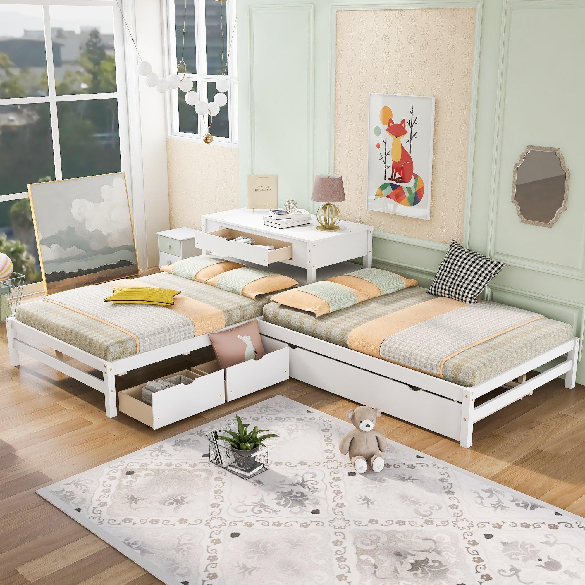 Full Size L-shaped Platform Beds with Twin Size Trundle and Drawers Linked with Built-in Rectangle Table,White