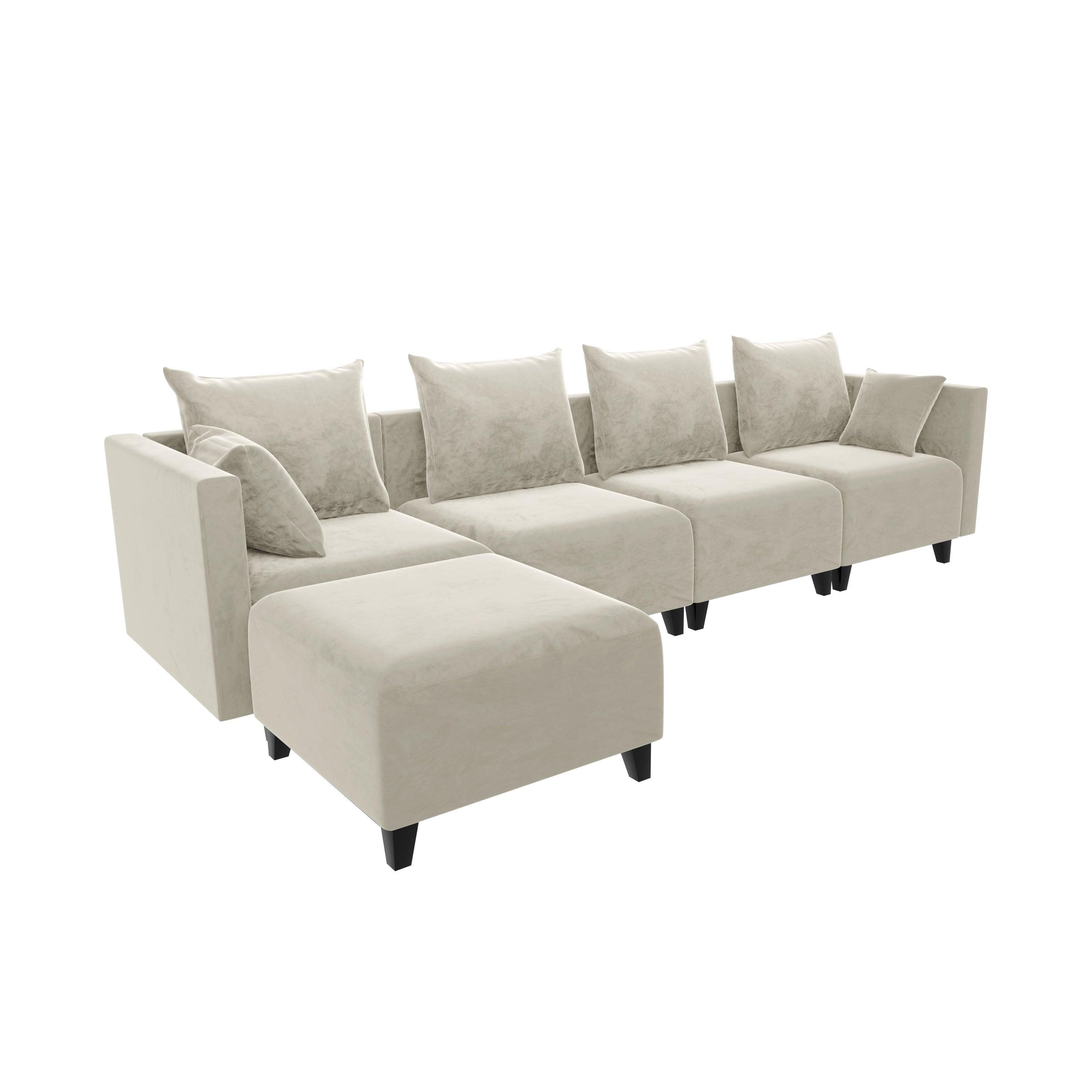 Sectional Sofa L shape Velvet Square Arm Sofa with 6 Pillows for Living Room, Beige with Black Foot