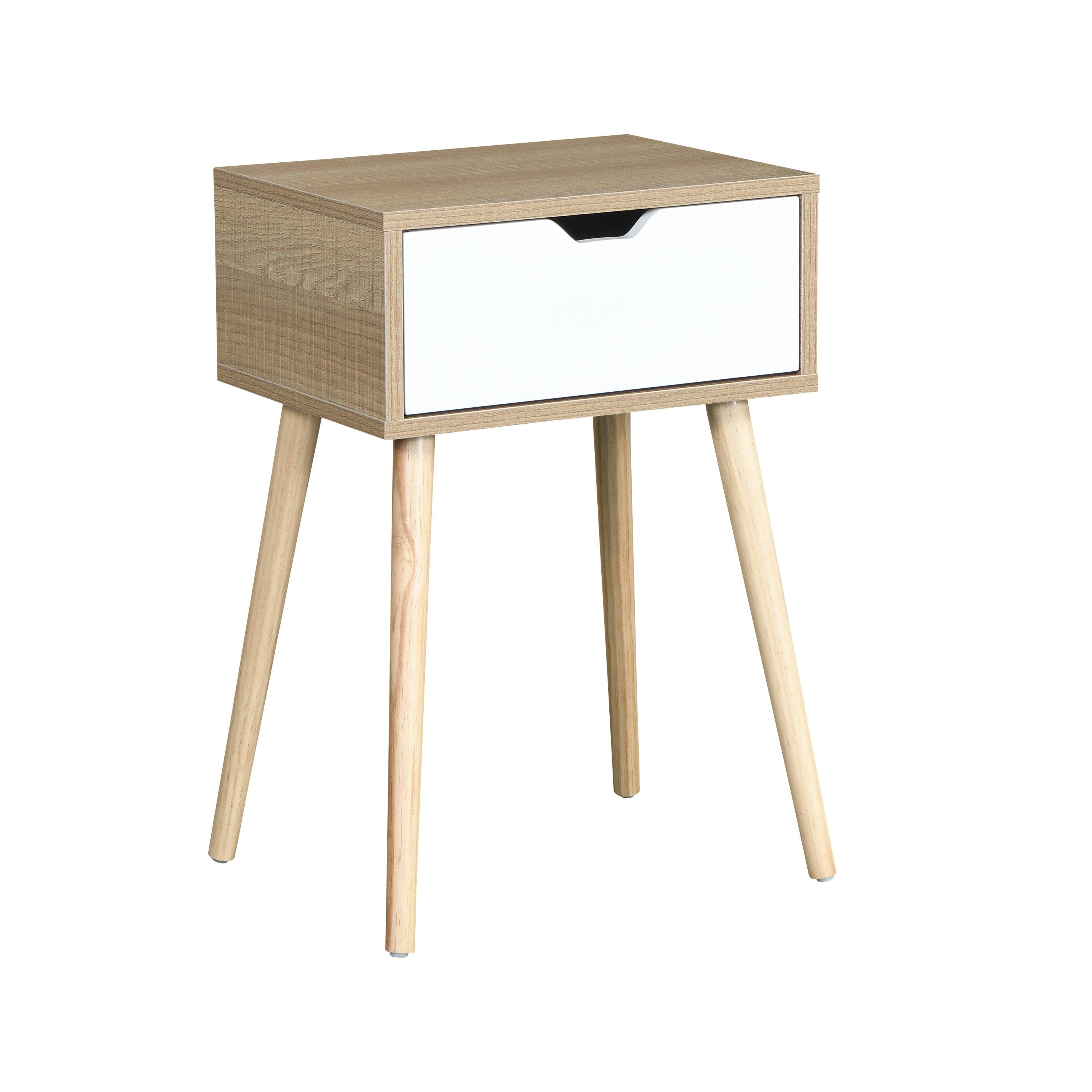 Side Table with 1 Drawer and Rubber Wood Legs, Mid-CenturyModernStorage Cabinet for Bedroom Living Room Furniture, White with solid wood color