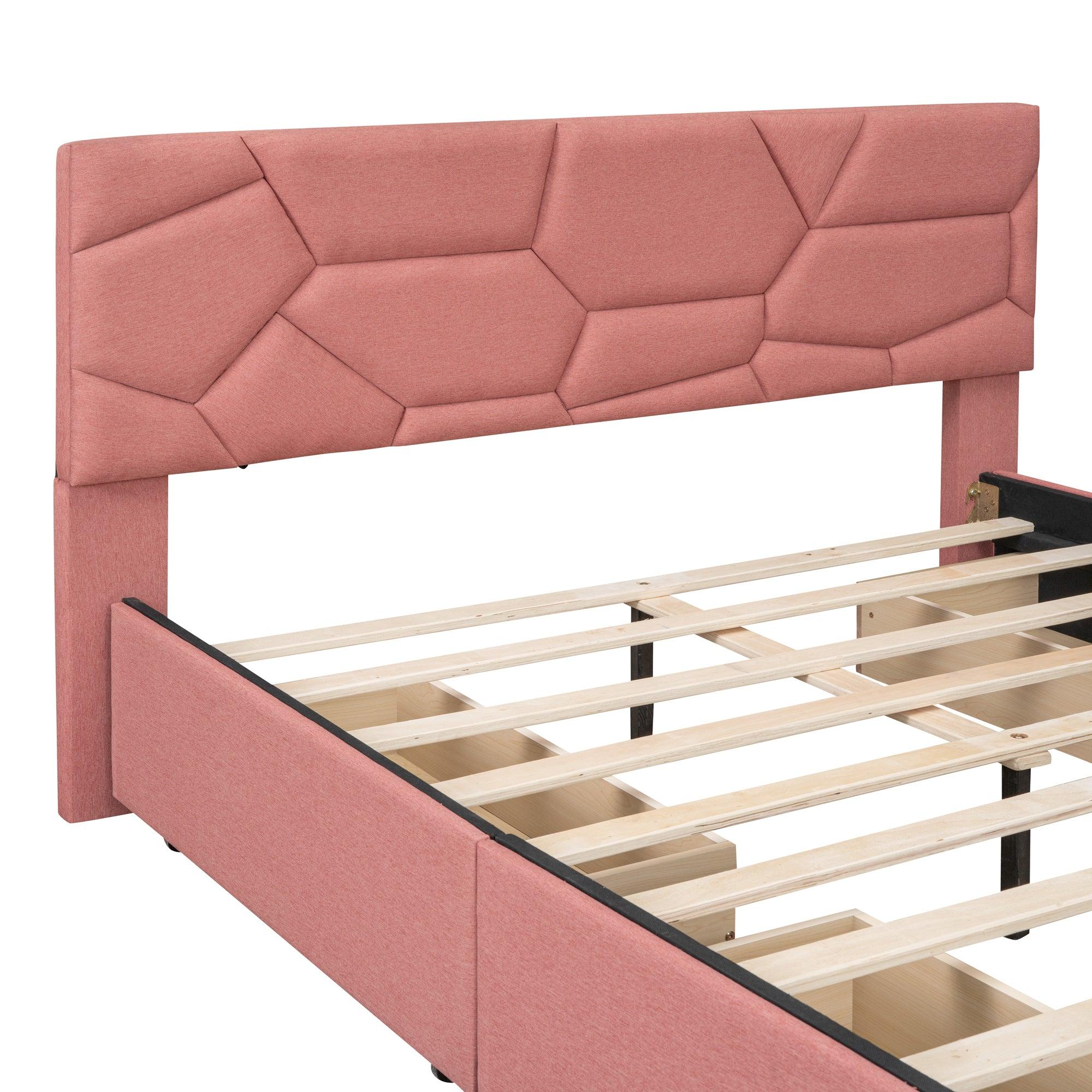 Queen Size Upholstered Platform Bed with Brick Pattern Heardboard and 4 Drawers, Linen Fabric, Pink