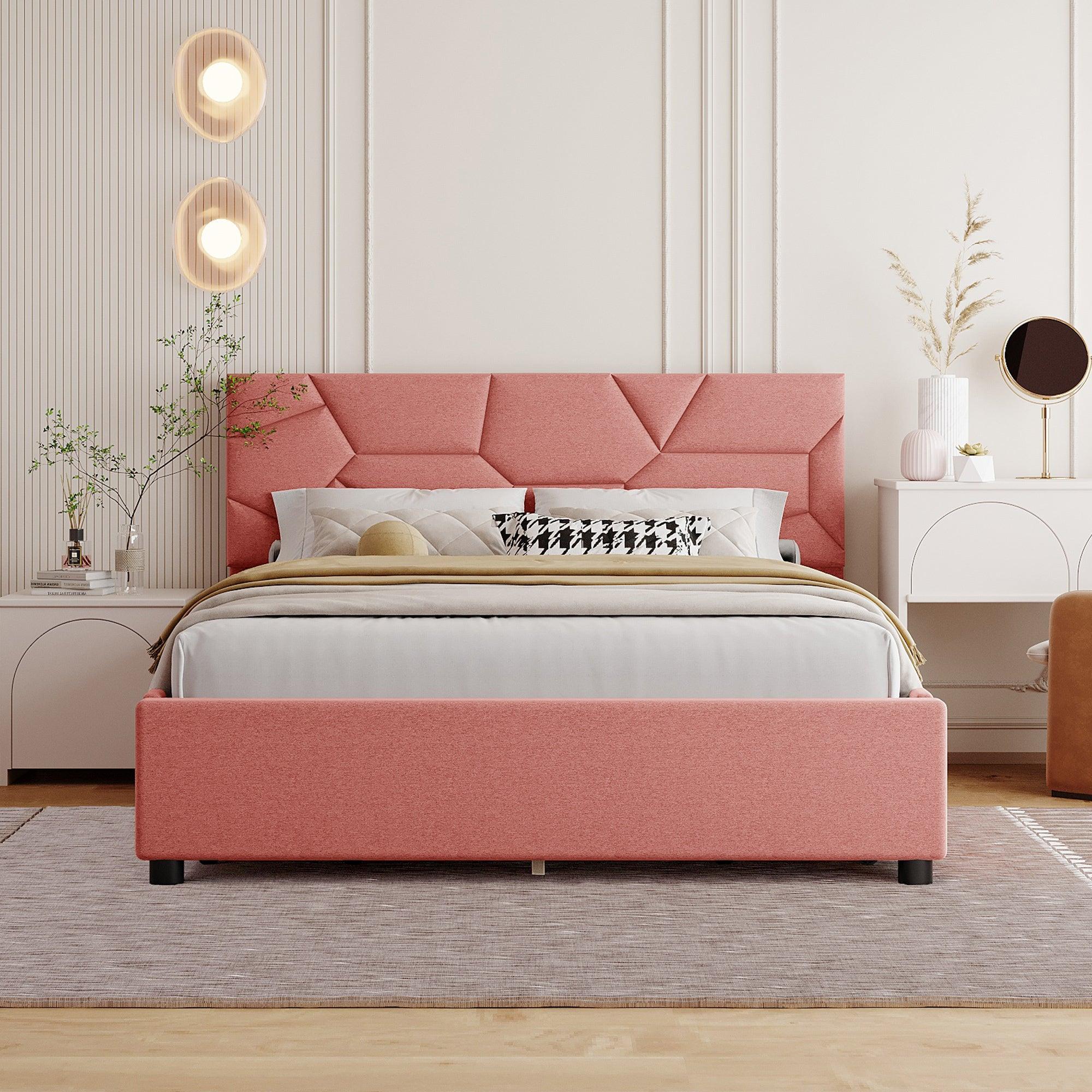 Full Size Upholstered Platform Bed with Brick Pattern Heardboard and 4 Drawers, Linen Fabric, Pink