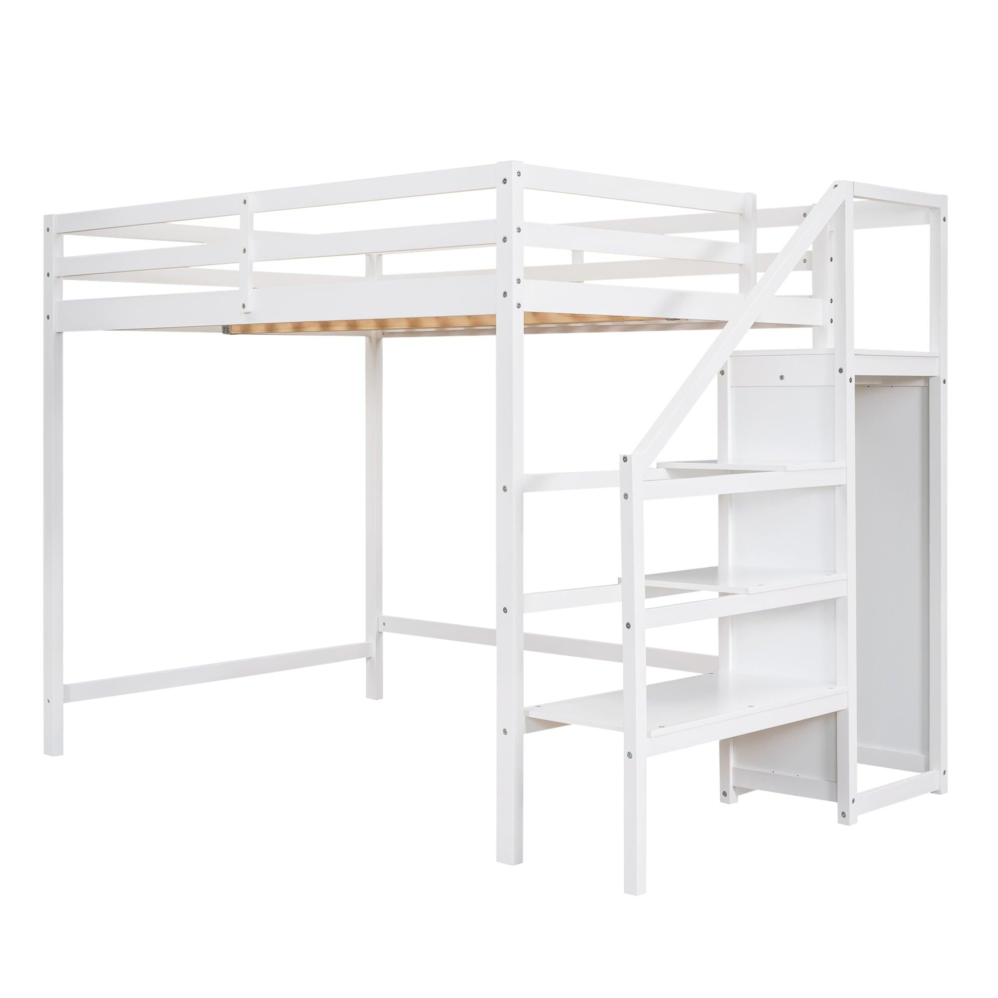 Full Size Loft Bed with Built-inStorage Wardrobe and Staircase,White