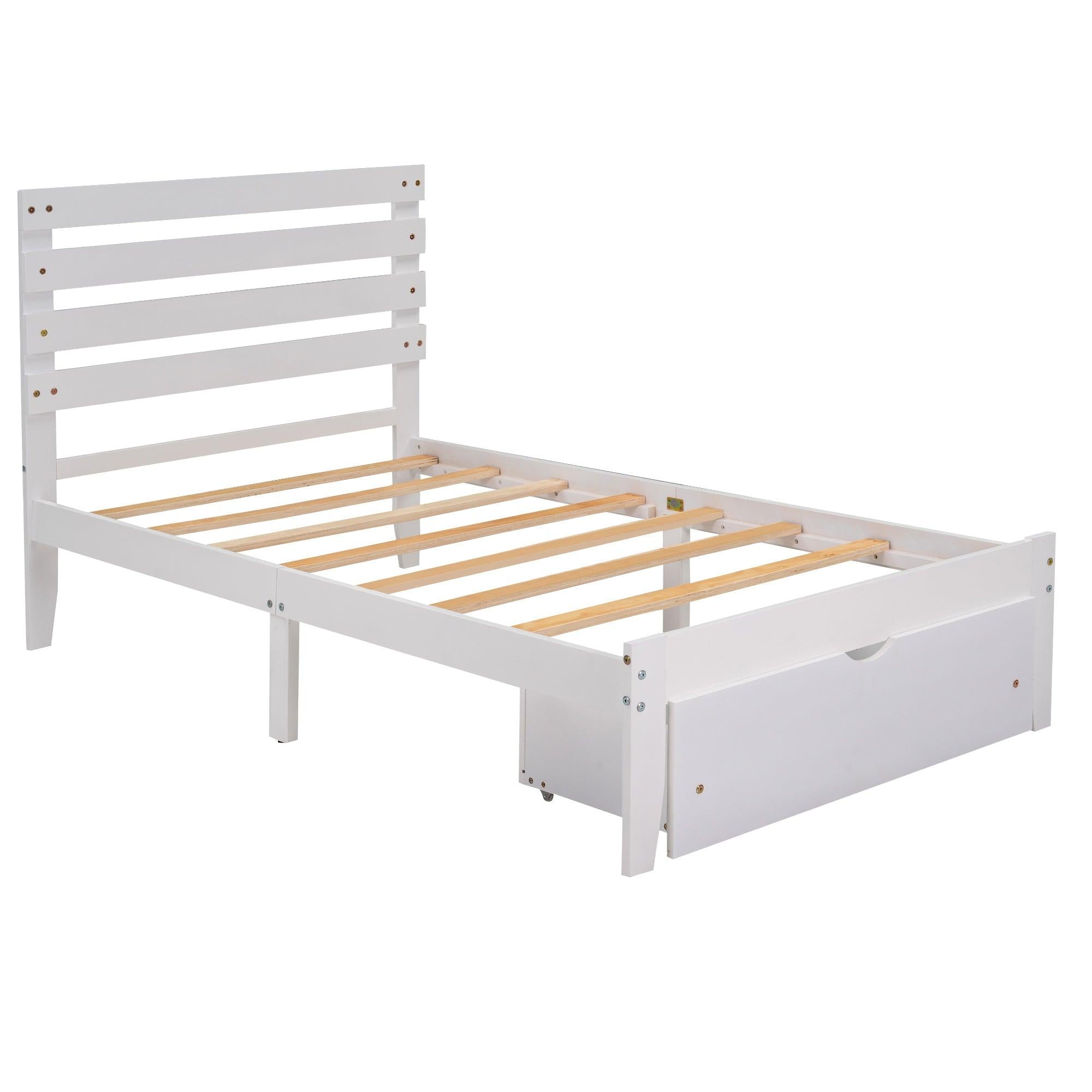 Twin Size Platform Bed with Drawer, White