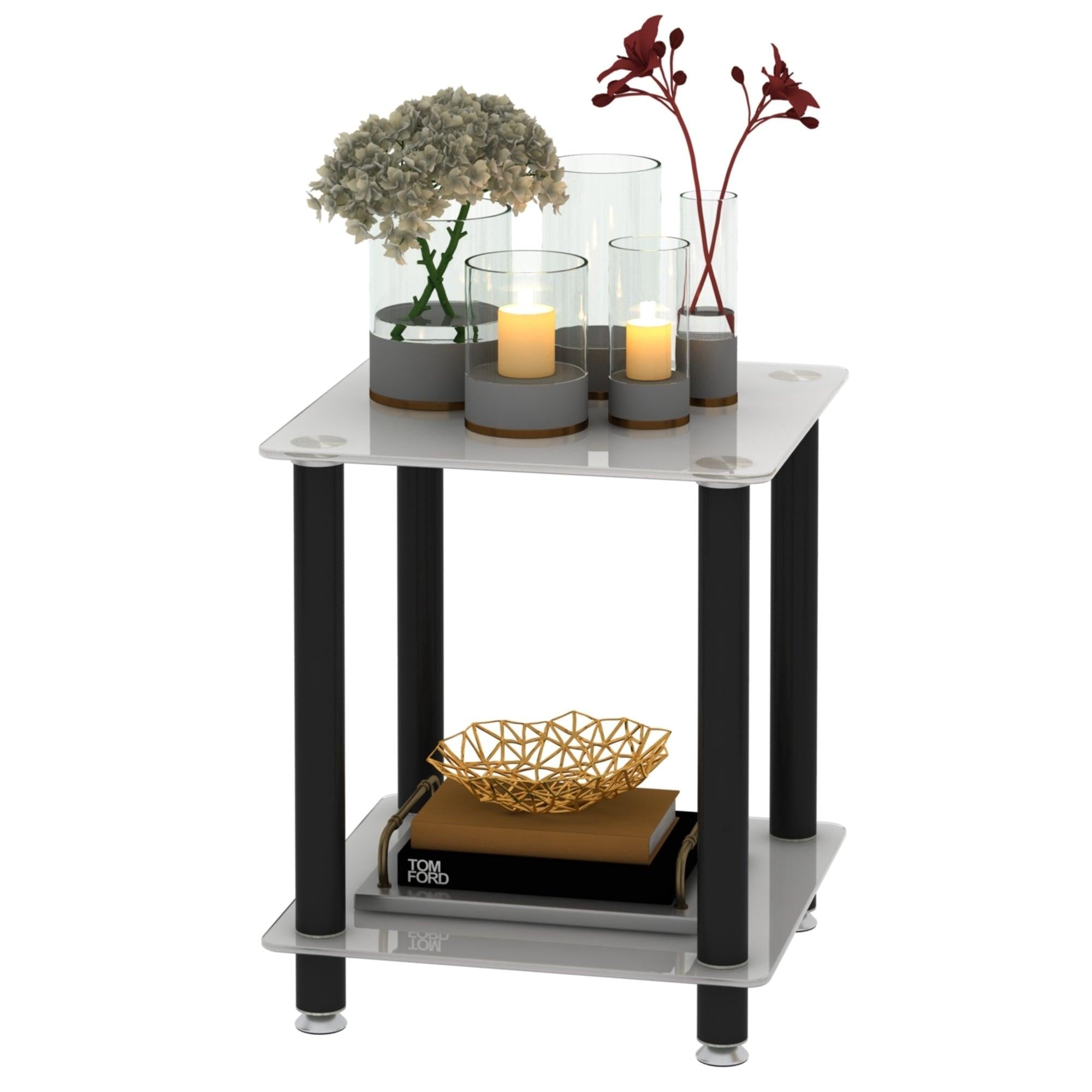 1-Piece White+Black Side Table , 2-Tier Space End Table ,Modern Night Stand, Sofa table, Side Table withStorage Shelve