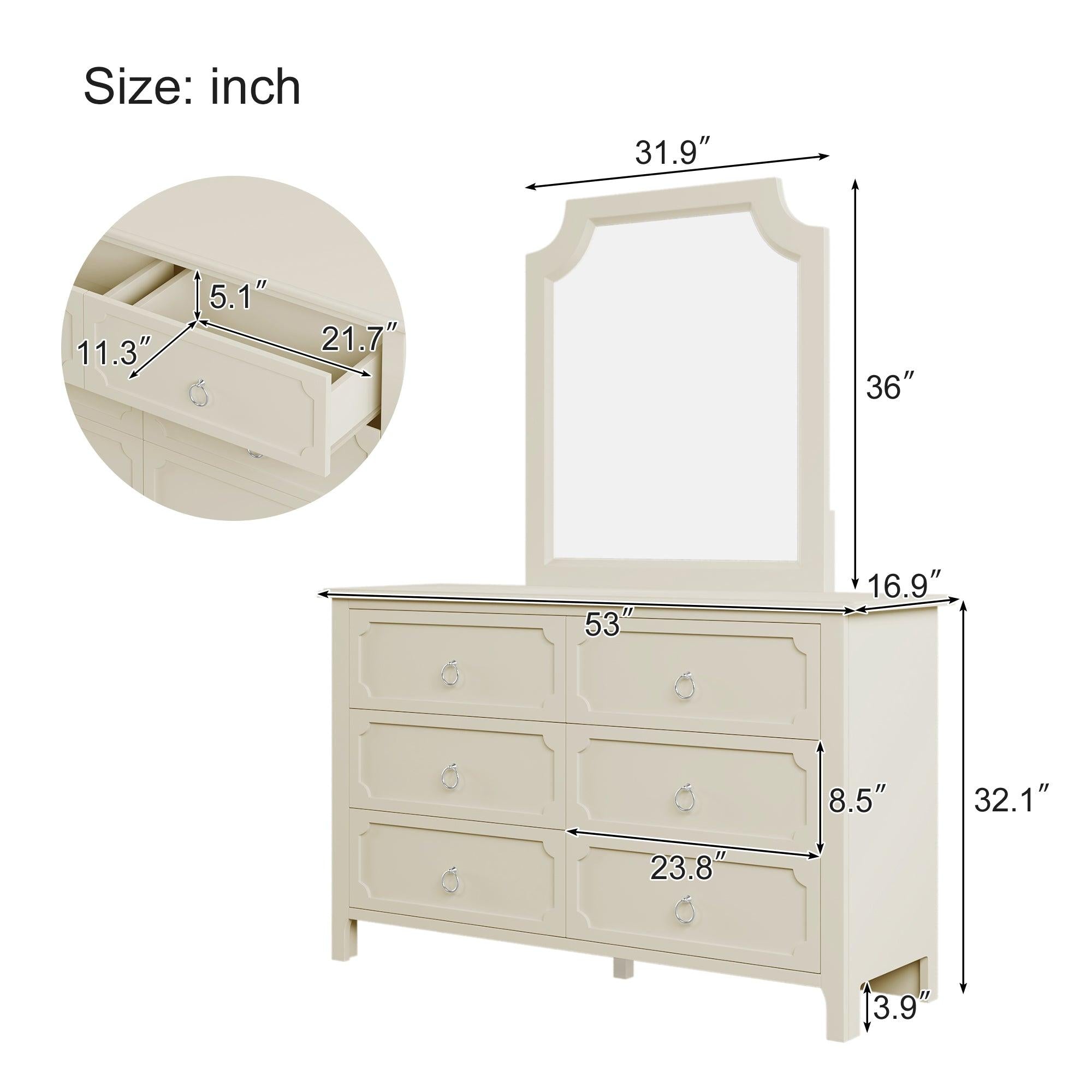 Milky White Rubber Wooden Dresser Six Large Drawers Silver Metal Handles for Living Room Guest Room Bedroom