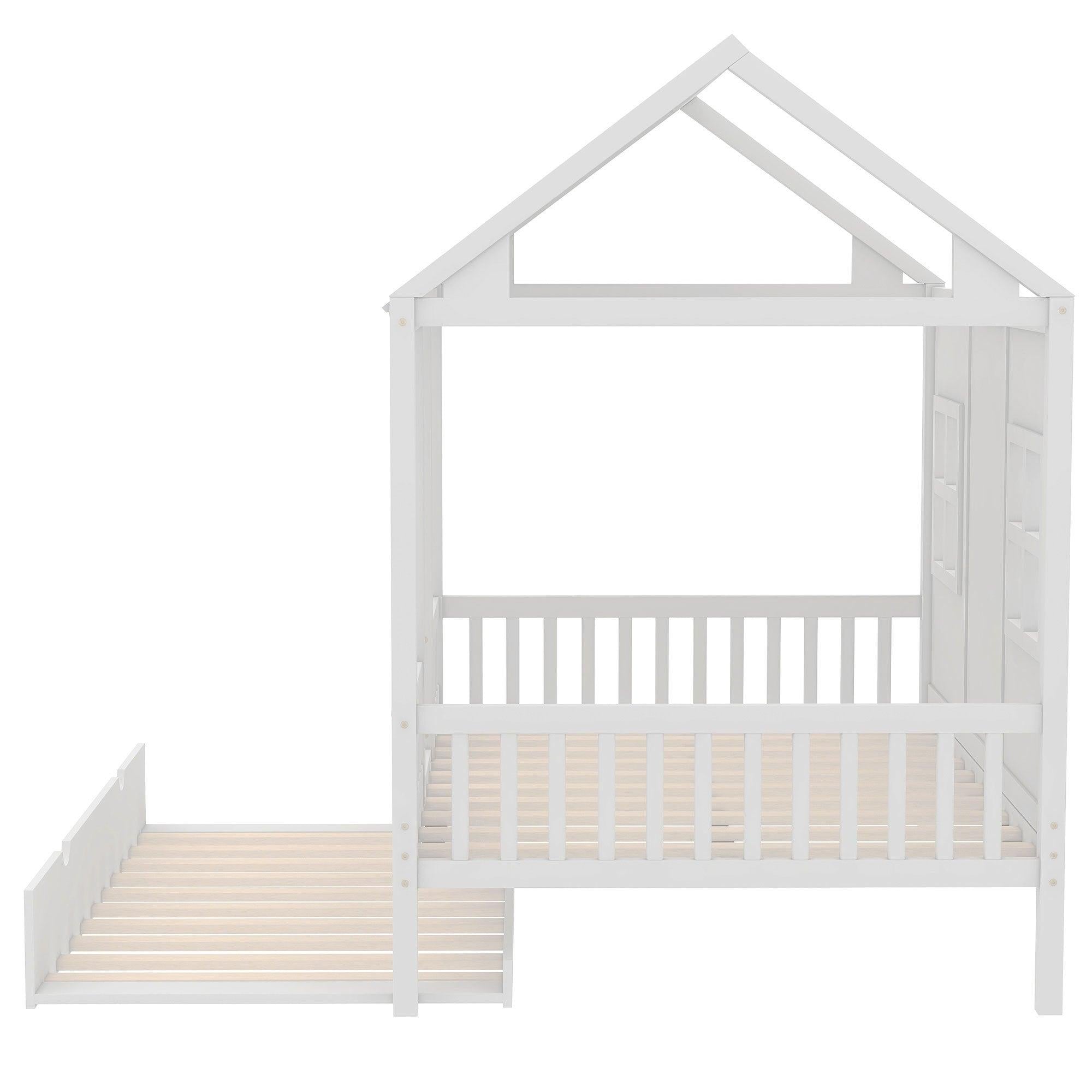 Full Size Wood House Bed With Twin Size Trundle, Wooden Daybed, White