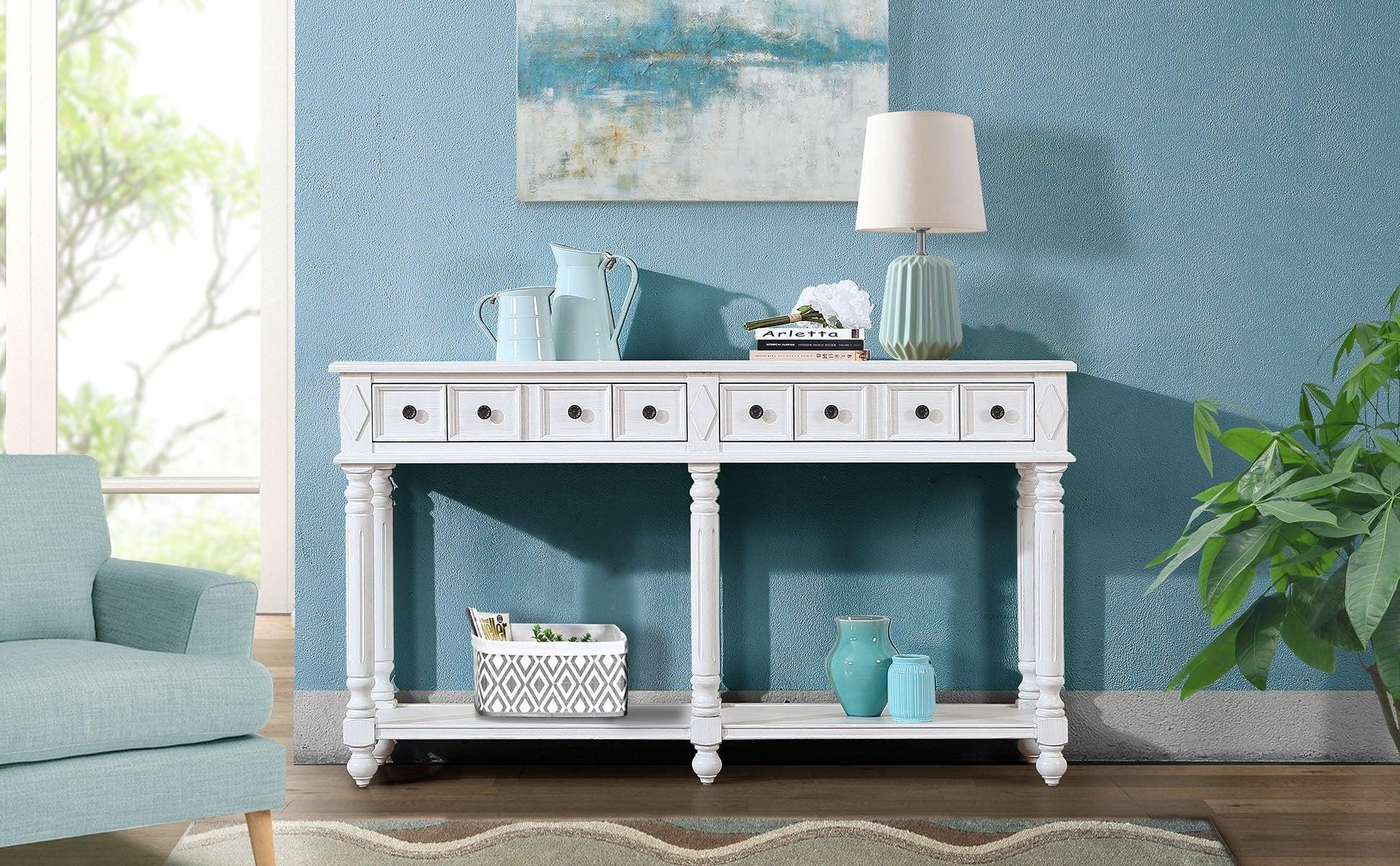 Retro Console Table Entryway Table 58" Long Sofa Table with 2 Drawers in Same Size and Bottom Shelf forStorage (Antique White)