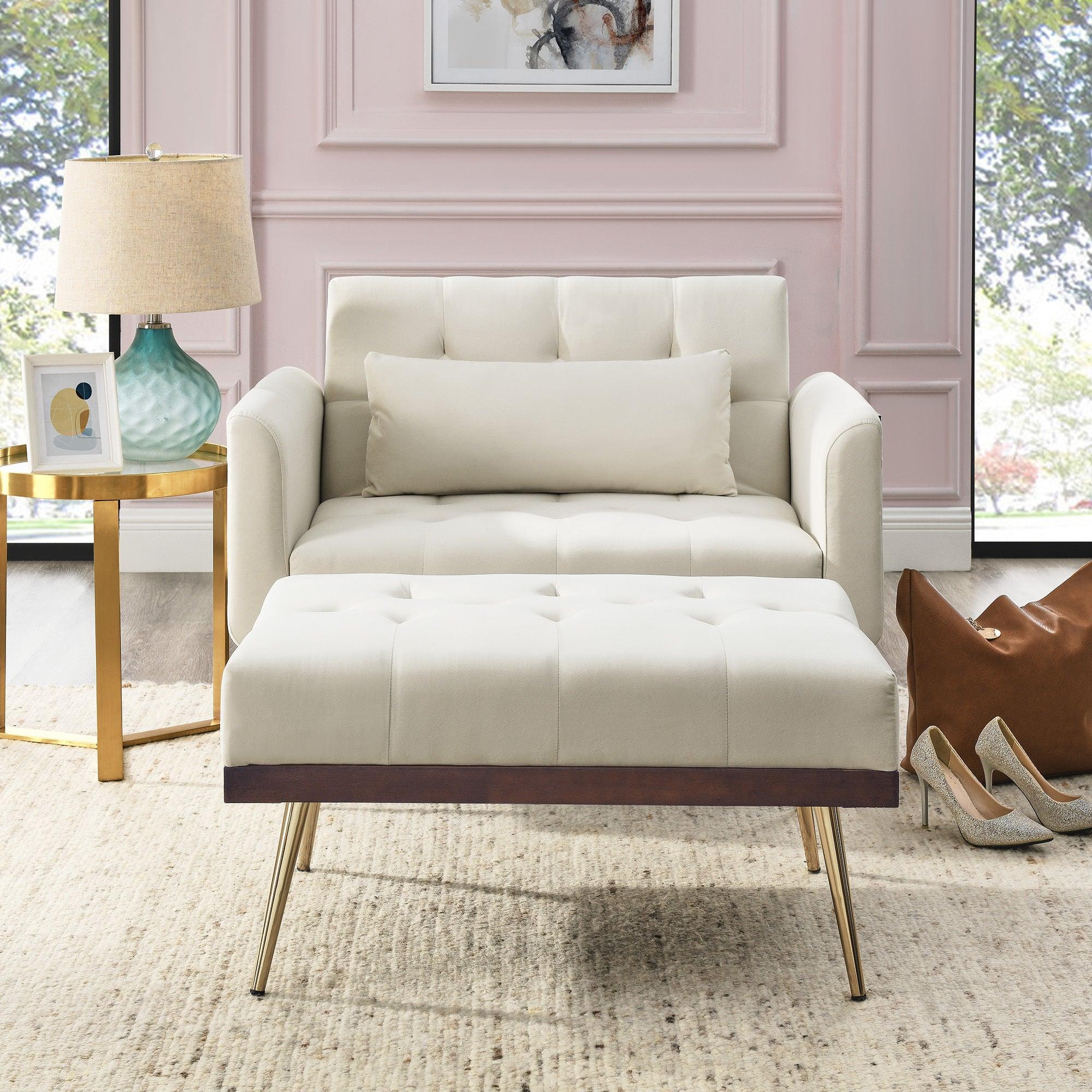 Recline Sofa Chair with Ottoman, Two Arm Pocket and Wood Frame include 1 Pillow, Beige (40.5”x33”x32”)