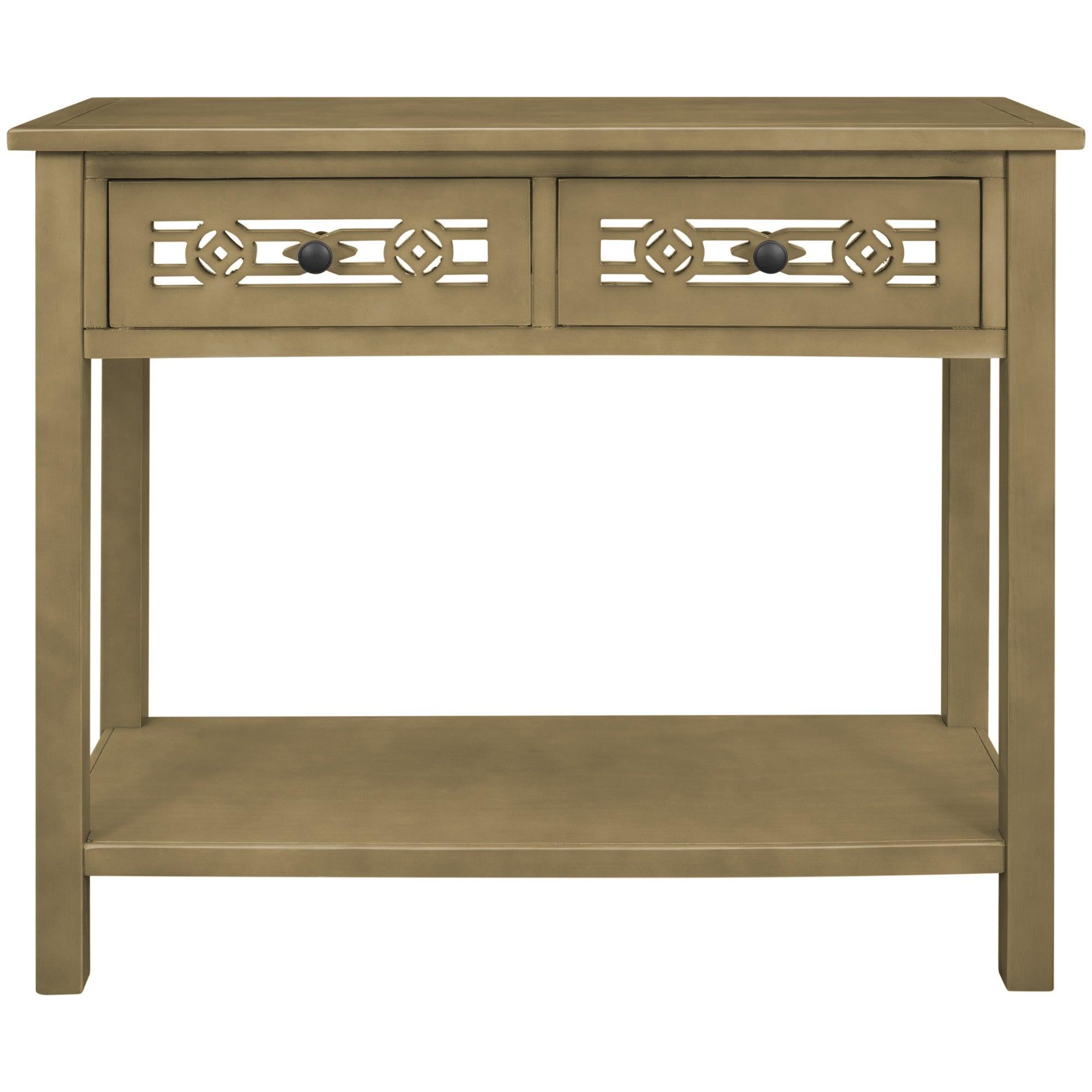 Classic Console Table with Hollow-out Decoration Two Top Drawers and Open Shelf LargeStorage Space (ld)