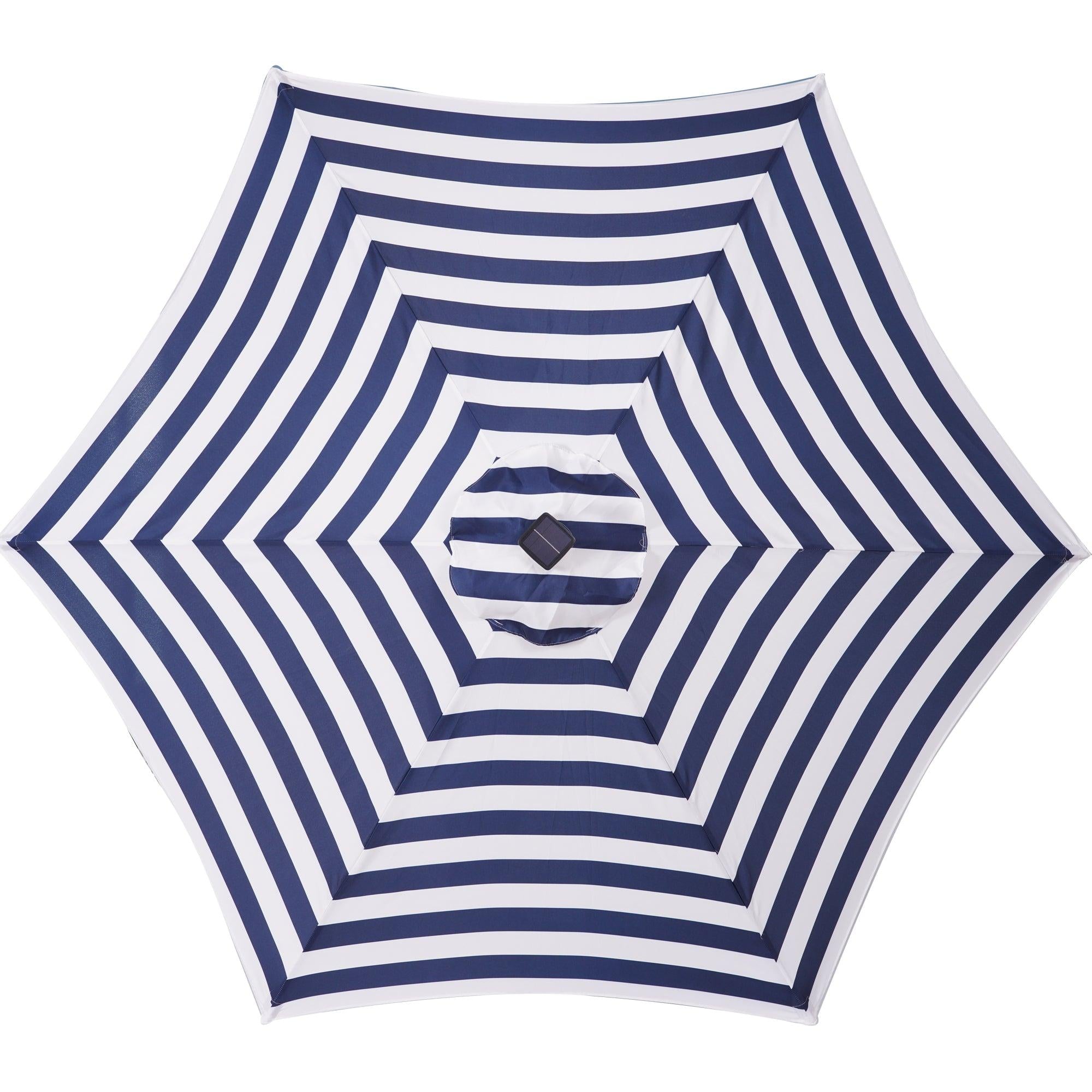 Outdoor Patio 8.7-Feet Market Table Umbrella with Push Button Tilt and Crank, Blue White Stripes With 24 LED Lights[Umbrella Base is not Included]