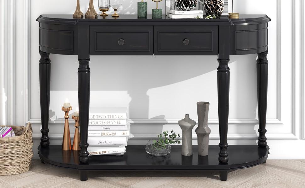 Retro Circular Curved Design Console Table with Open Style Shelf Solid Wooden Frame and Legs Two Top Drawers (Black)