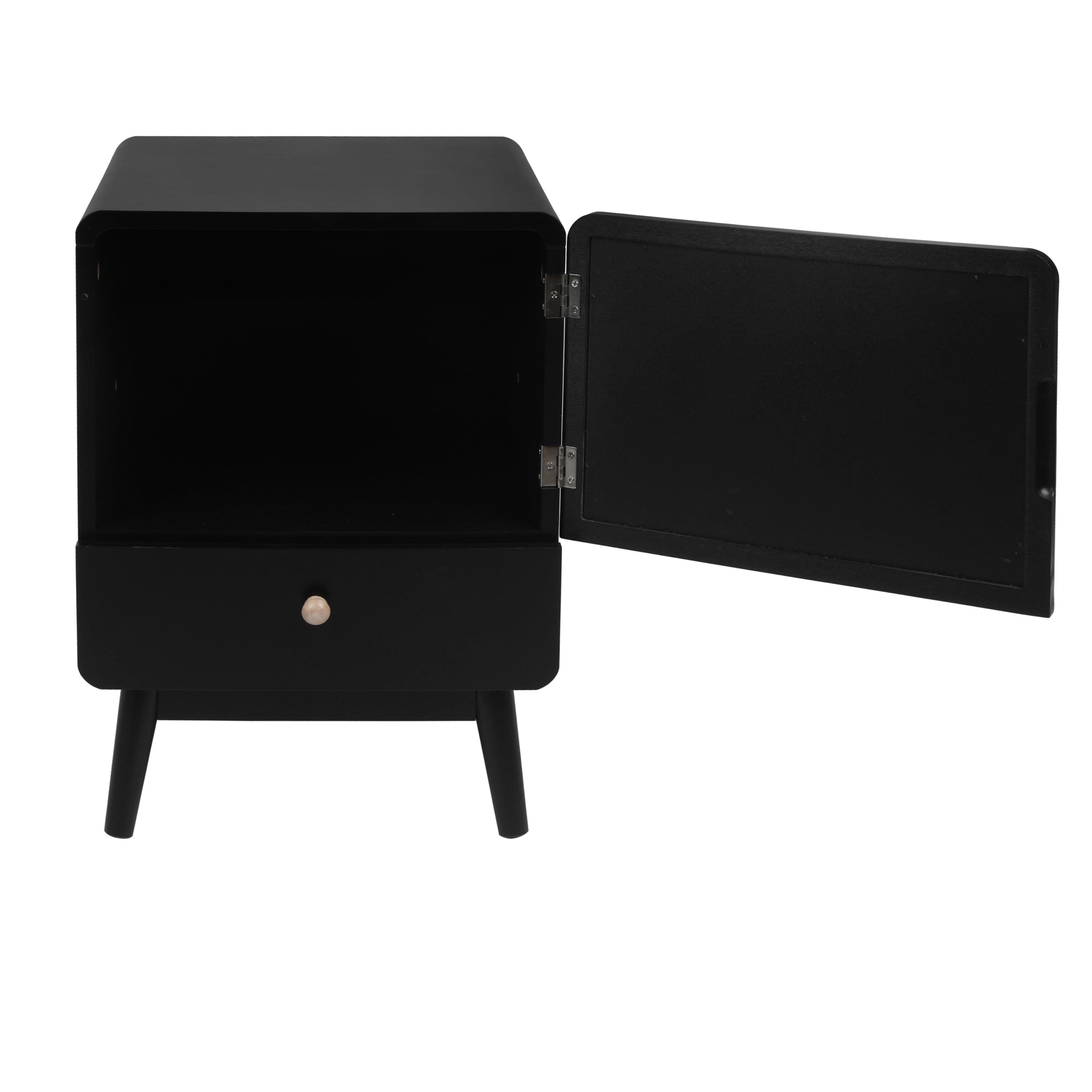 Black Nightstand,  Bedside Table withStorage Drawe/ Rattan Door