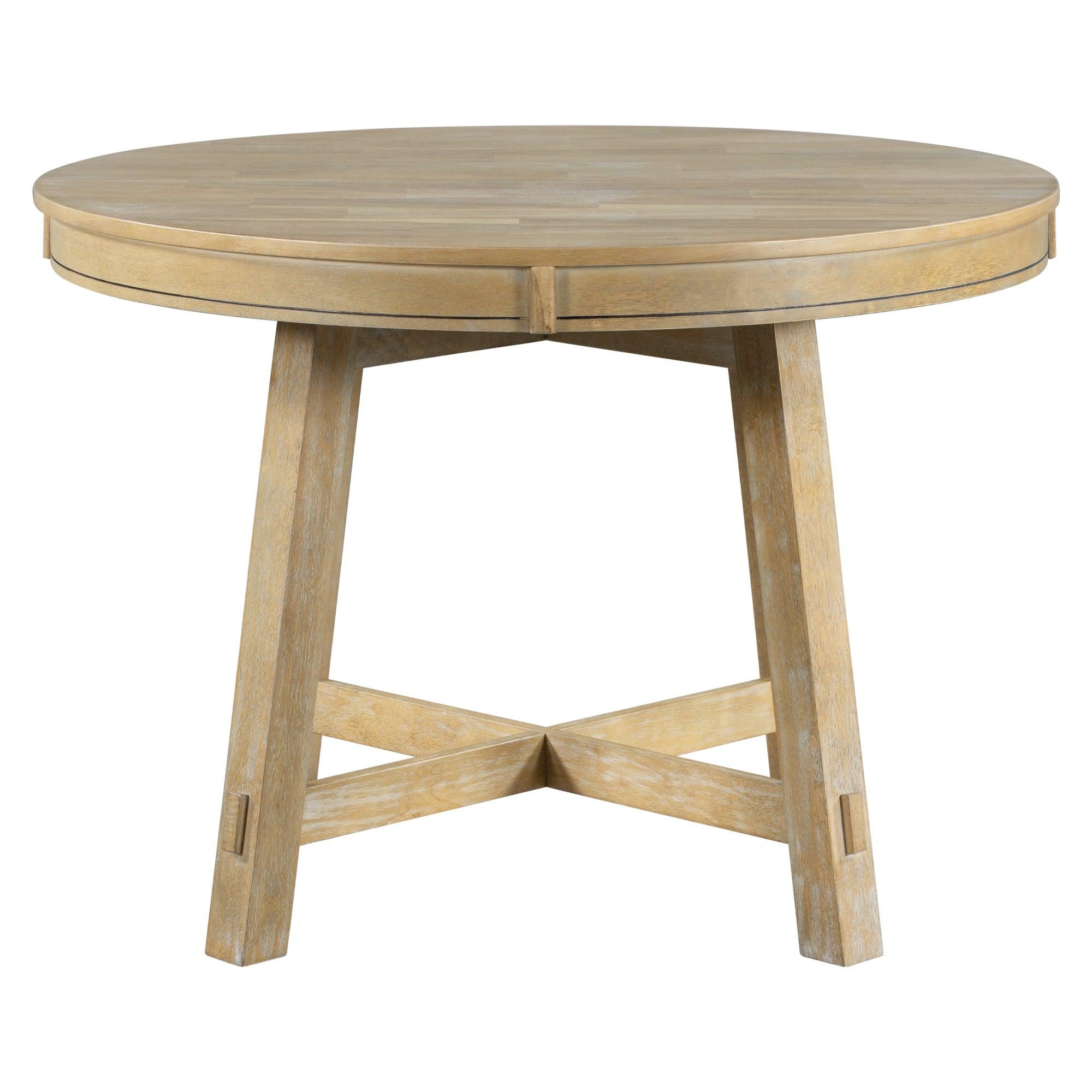 Farmhouse Round Extendable Dining Table with 16" Leaf Wood Kitchen Table (Natural Wood Wash)