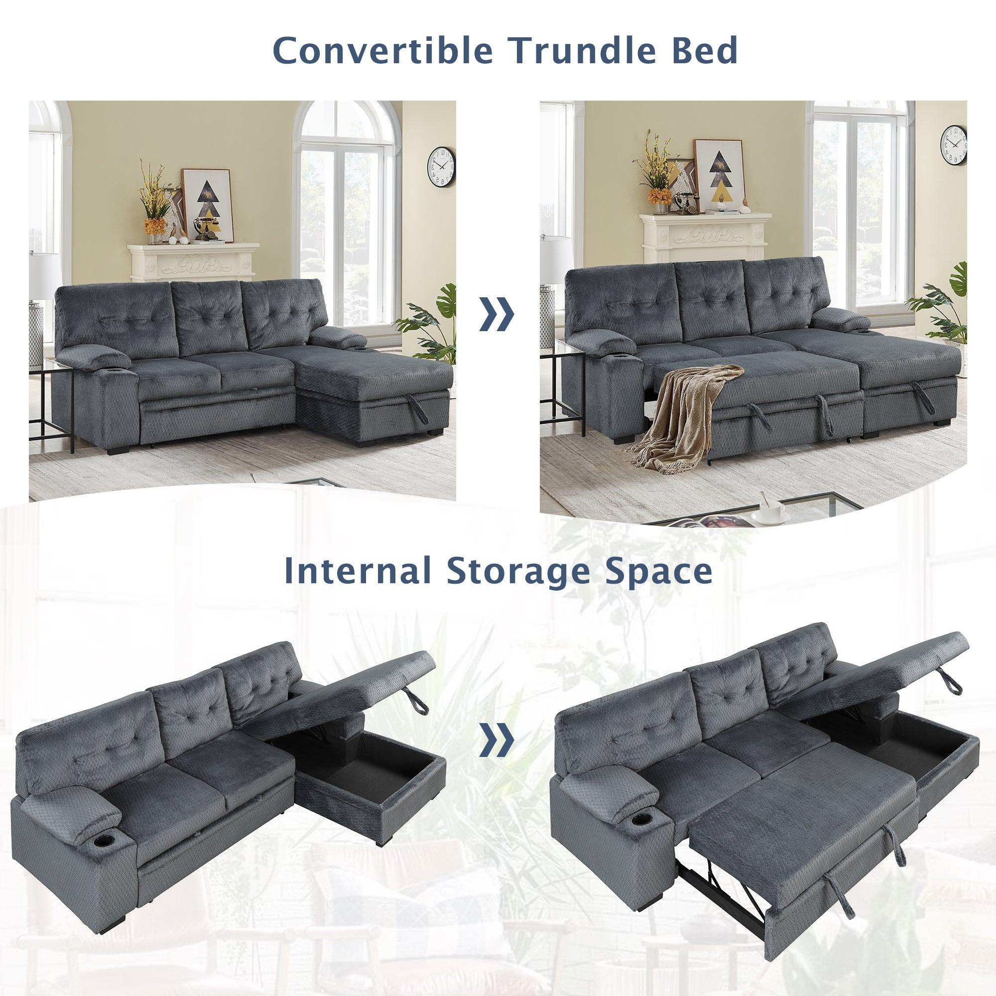 95.7"Modern Padded Upholstered  Sofa Bed Sleeper Sectional Sofa withStorage Chaise and Cup Holder for Living Room Furniture Set