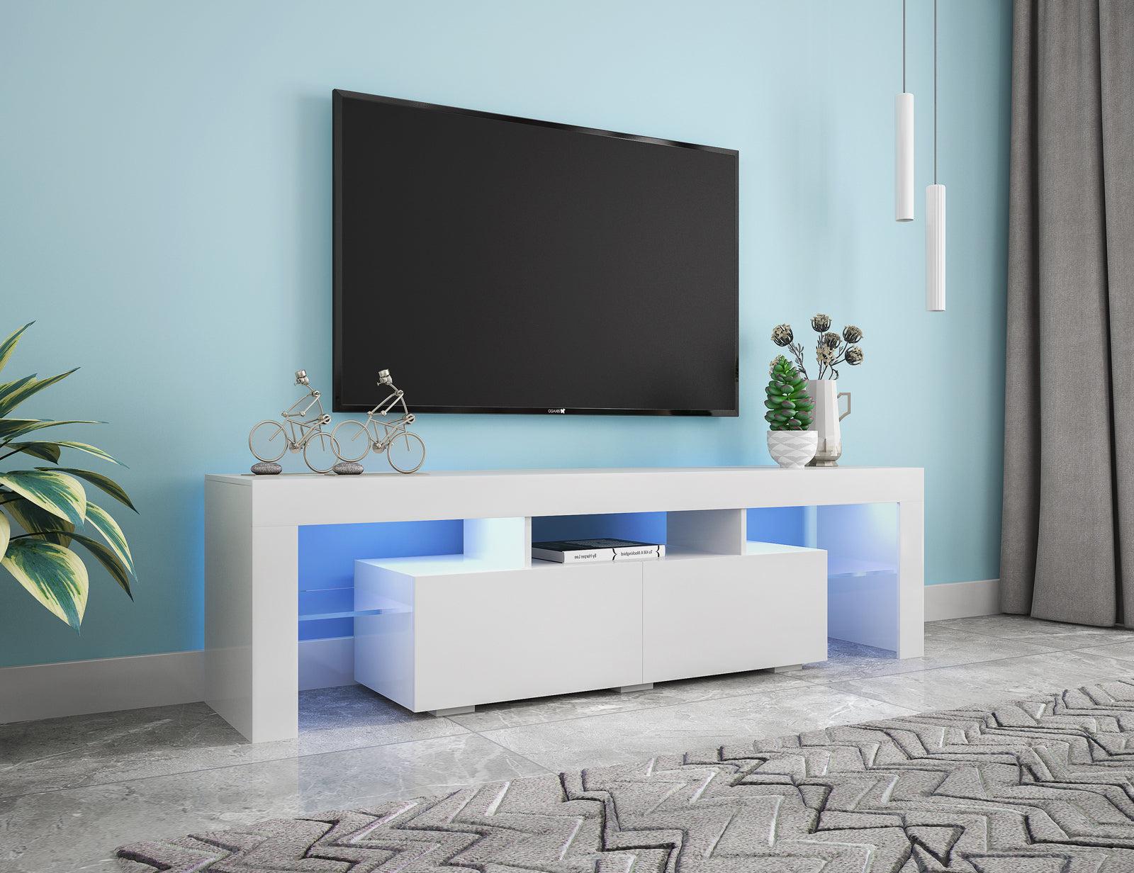 Modern White TV Stand, 20 Colors LED TV Stand w/Remote Control Lights