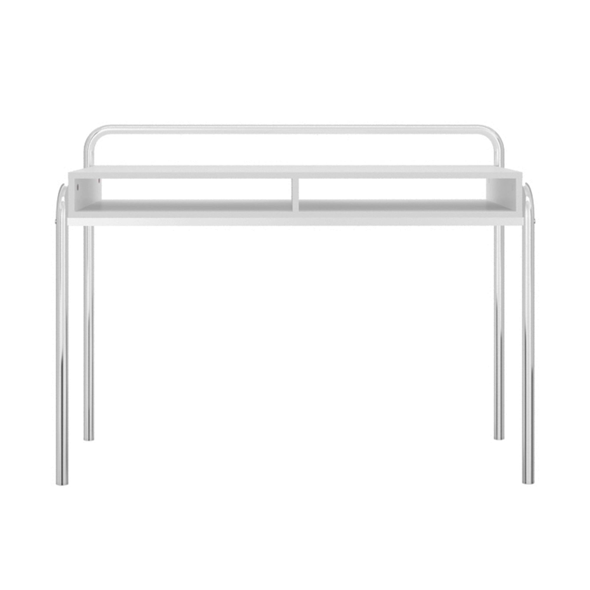 Office Desk with 2 Compartments and Tubular Metal Frame, White and Chrome