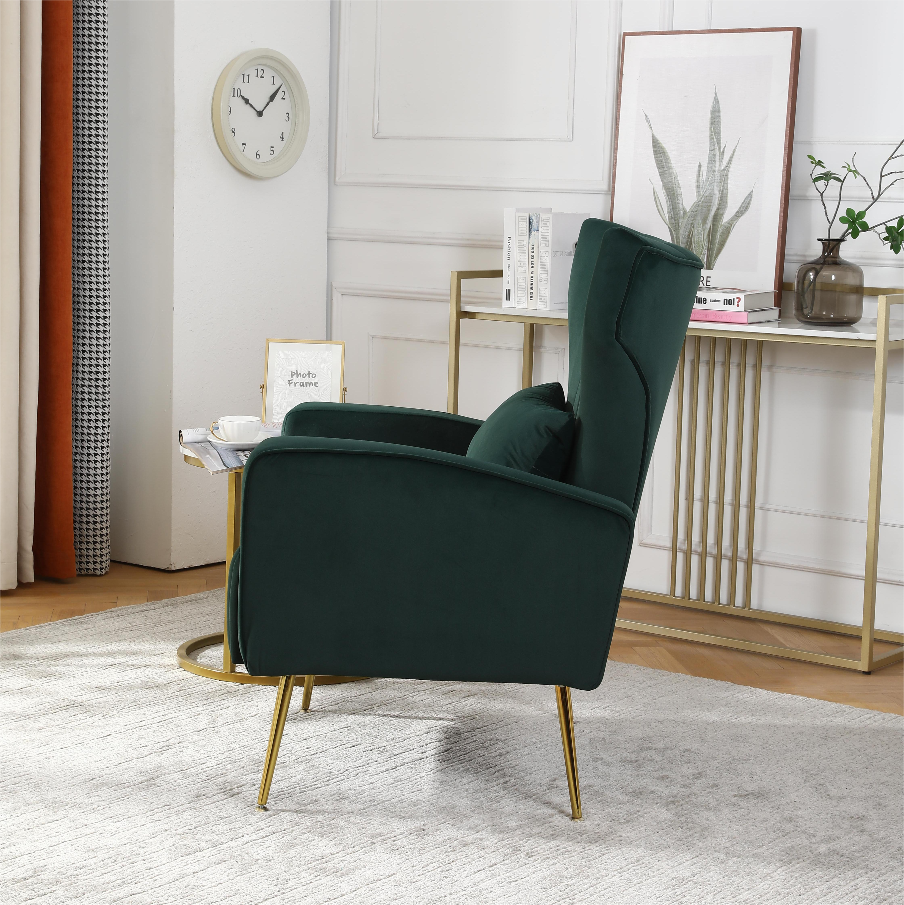 Velvet Accent Chair,Modern Living Room Armchair Comfy Upholstered Single Sofa Chair for Bedroom Dorms Reading Reception Room with Gold Legs & Small Pillow, Dark Green