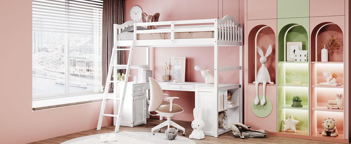 Twin size Loft Bed with Drawers, Cabinet, Shelves and Desk, Wooden Loft Bed with Desk - White