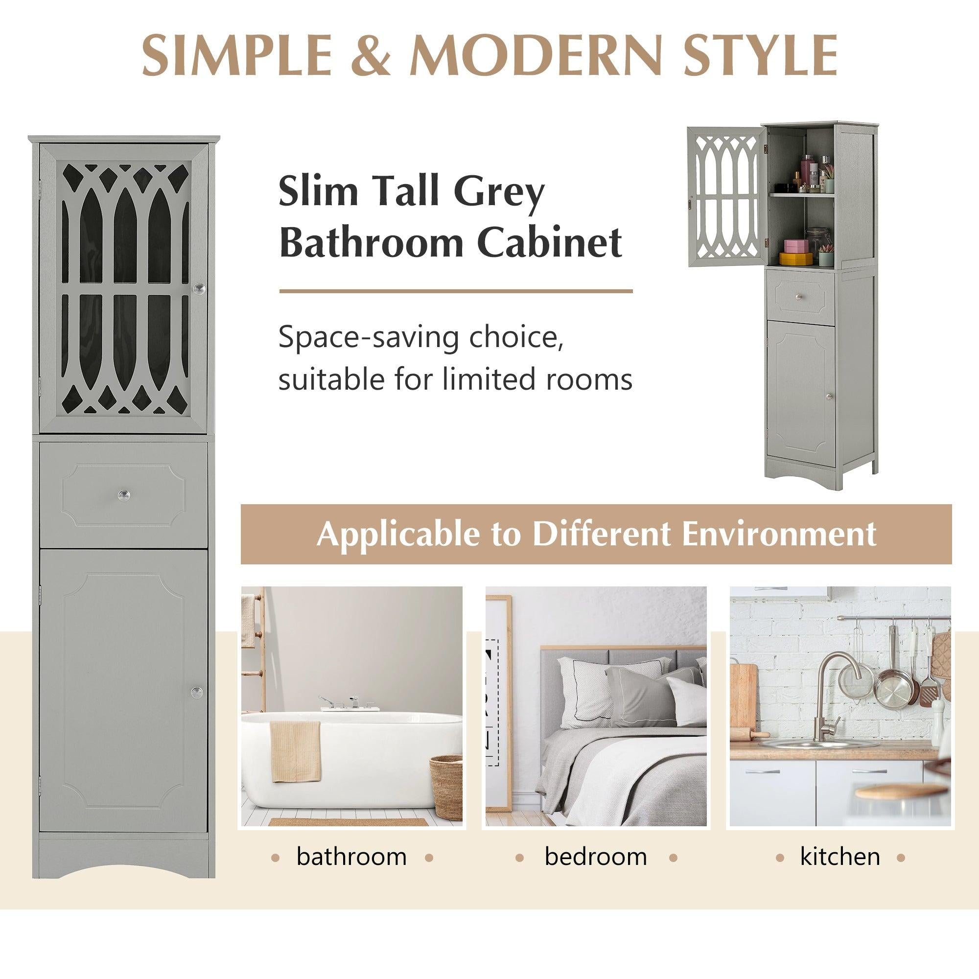 Tall Bathroom Cabinet, FreestandingStorage Cabinet with Drawer and Doors, MDF Board, Acrylic Door, Adjustable Shelf, Grey