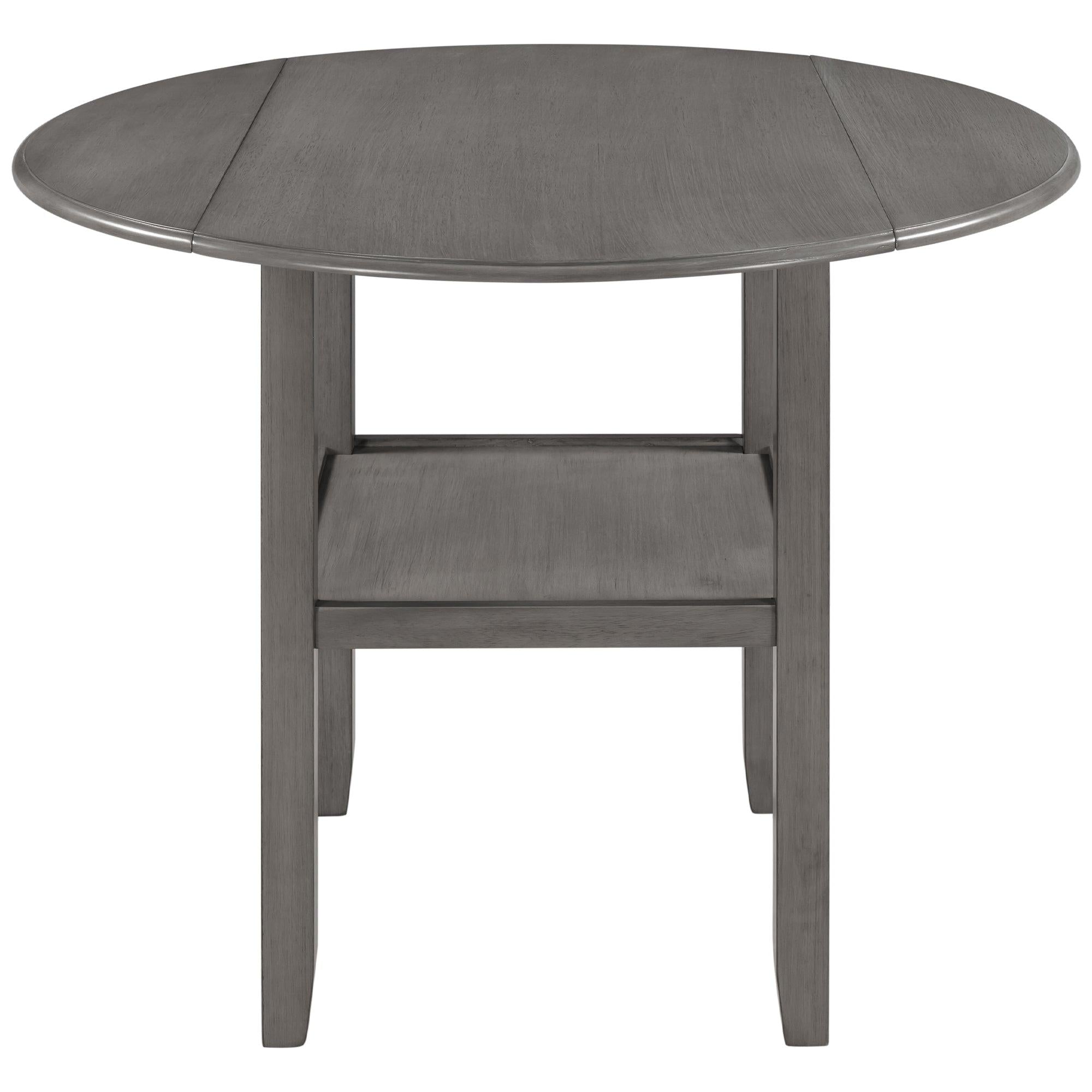 Farmhouse 3 Piece Round Counter Height Kitchen Dining Table Set with Drop Leaf Table, One Shelf and 2 Cross Back Padded Chairs for Small Places, Gray