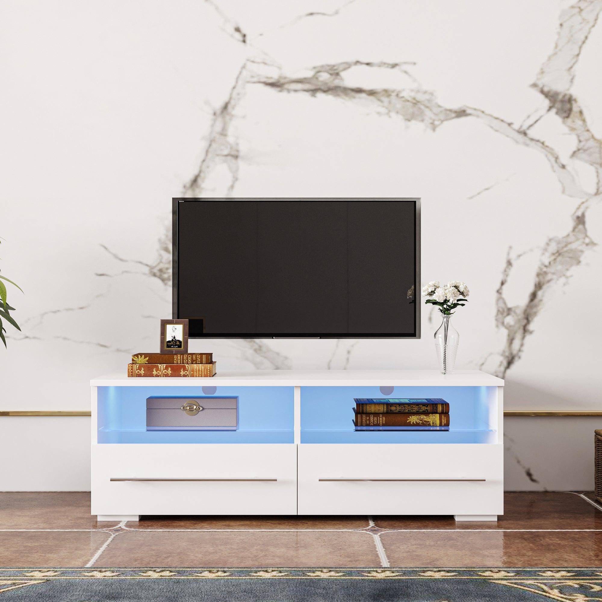 White TV cabinet has two drawers with dual end color-changing LED light strip