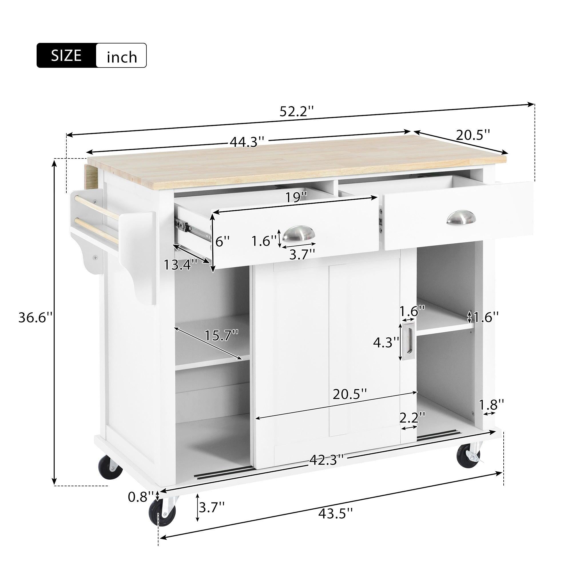 Kitchen Cart with Rubber wood Drop-Leaf Countertop, Concealed sliding barn door adjustable height,Kitchen Island on 4 Wheels withStorage Cabinet and 2 Drawers,L52.2xW30.5xH36.6 inch, White