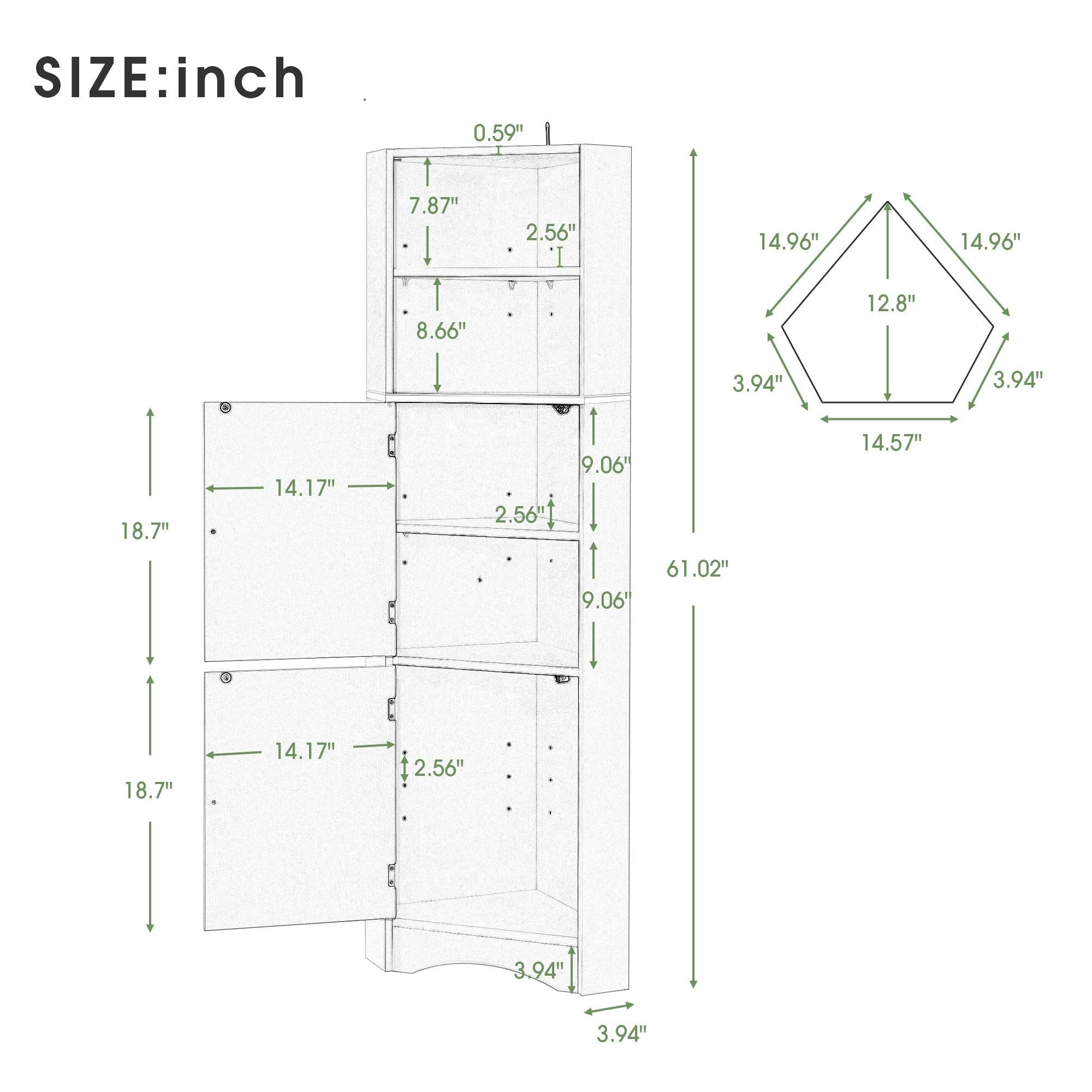 Tall Bathroom Corner Cabinet, FreestandingStorage Cabinet with Doors and Adjustable Shelves, MDF Board, Gray