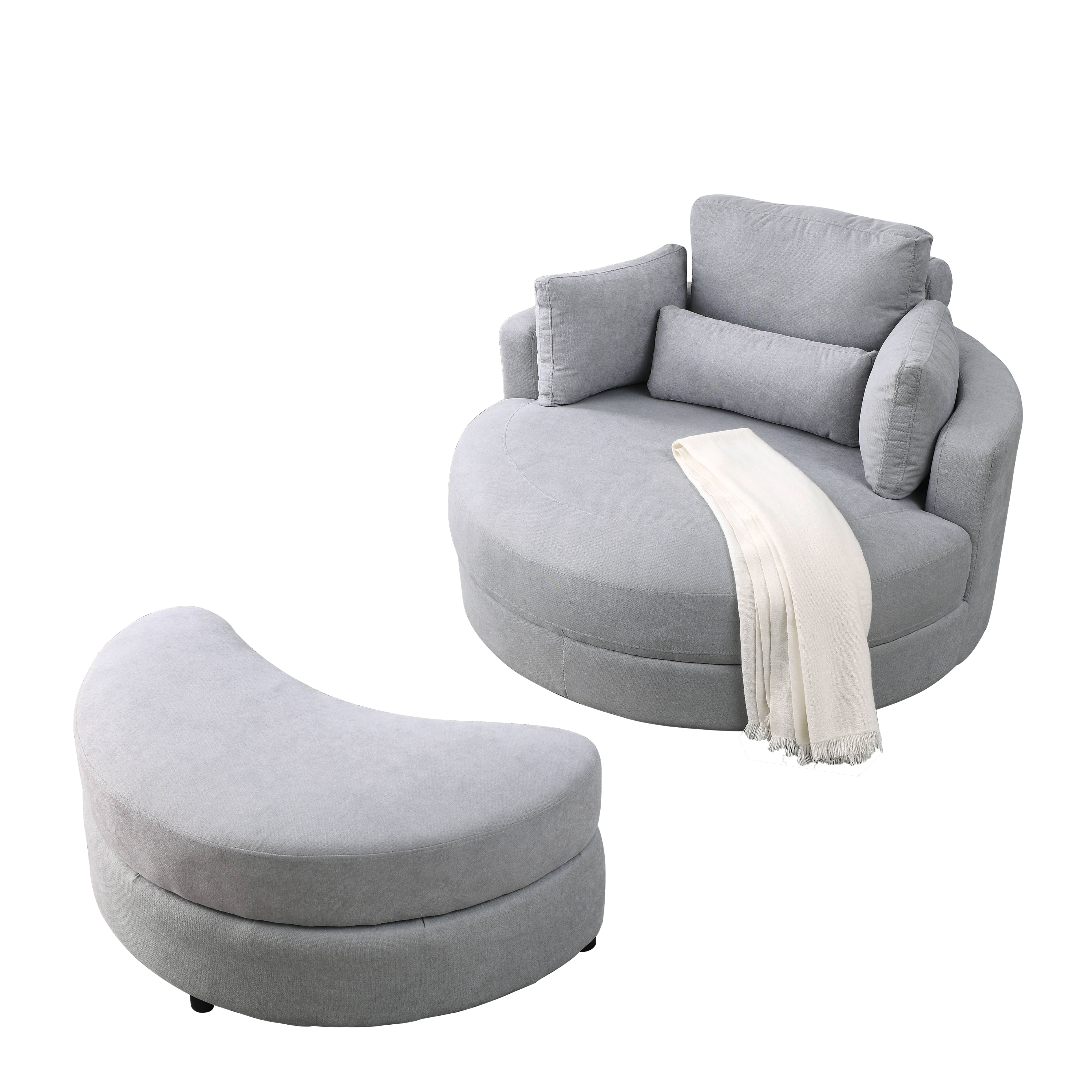 Swivel Accent BarrelModern Grey Sofa Lounge Club Big Round Chair withStorage Ottoman Linen Fabric for Living Room Hotel with Pillows