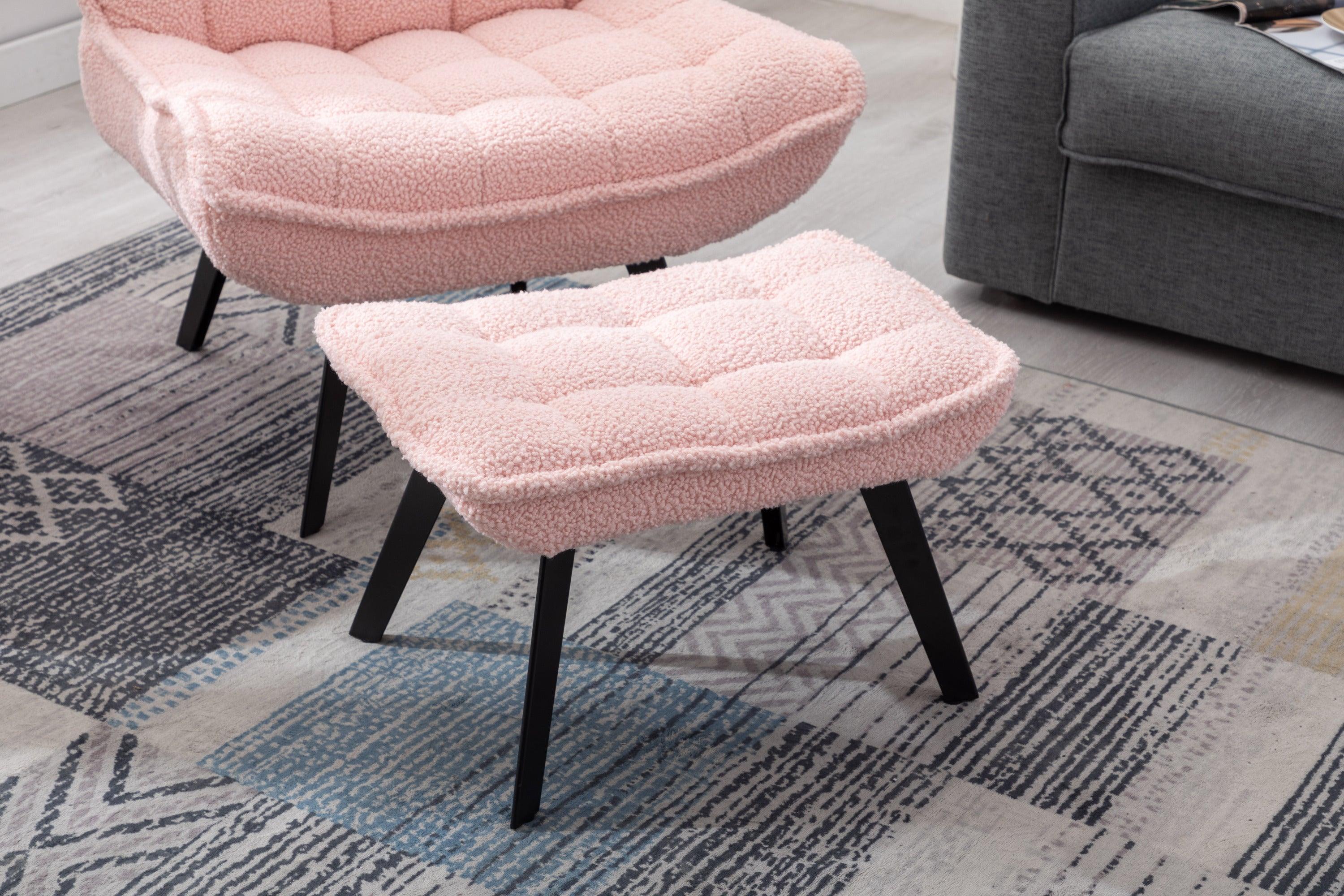 Modern Soft Teddy Fabric Material Large Width Accent Chair Leisure Chair Armchair TV Chair Bedroom Chair With Ottoman Black Legs For Indoor Home And Living Room,Pink