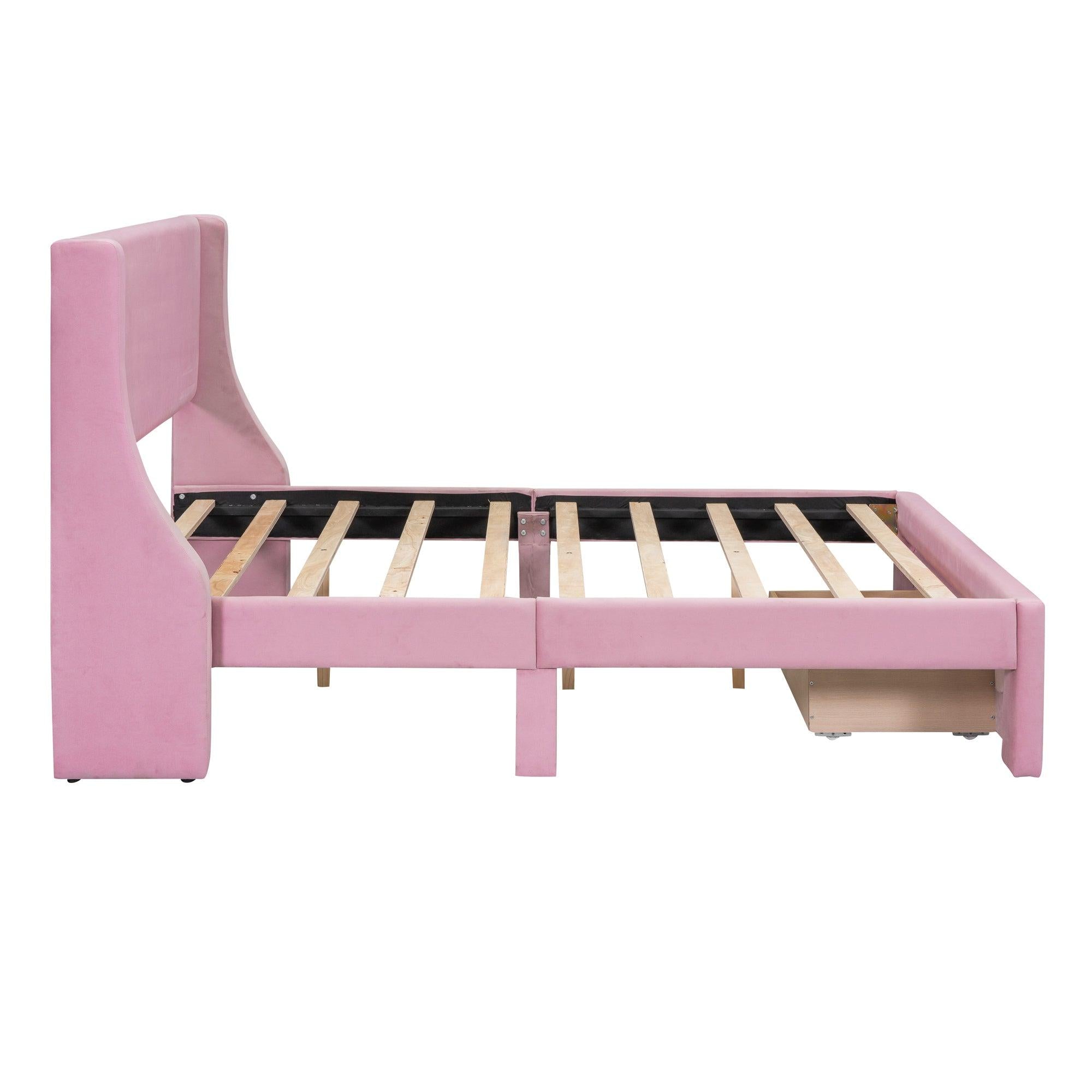 Full SizeStorage Bed Velvet Upholstered Platform Bed with a Big Drawer - Pink