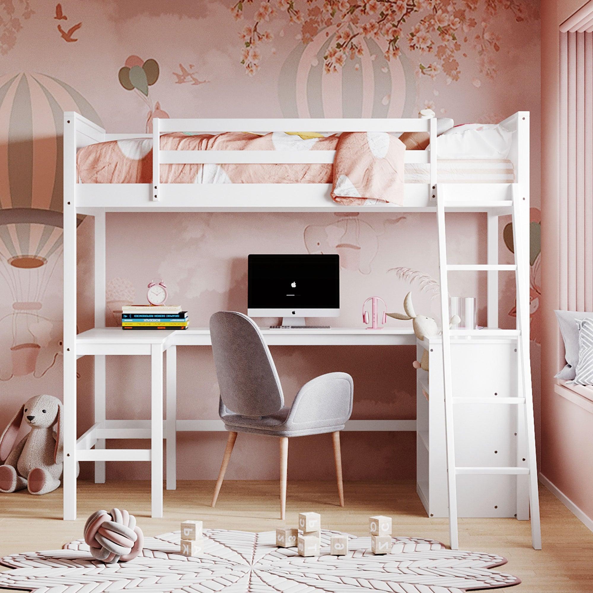 Twin size Loft Bed with Shelves and Desk, Wooden Loft Bed with Desk - White