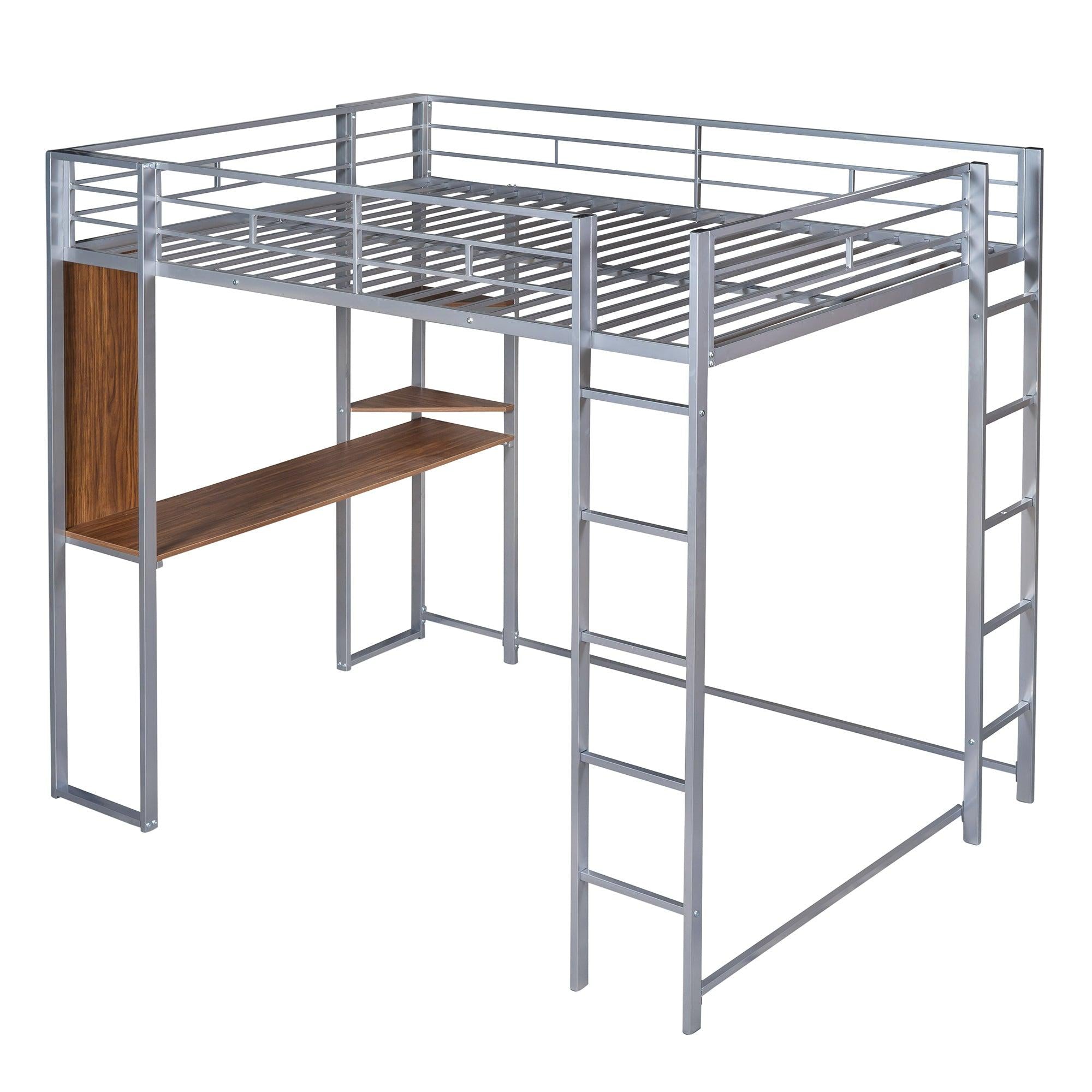 Full Size Metal Loft Bed with 2 Shelves and one Desk ,Silver