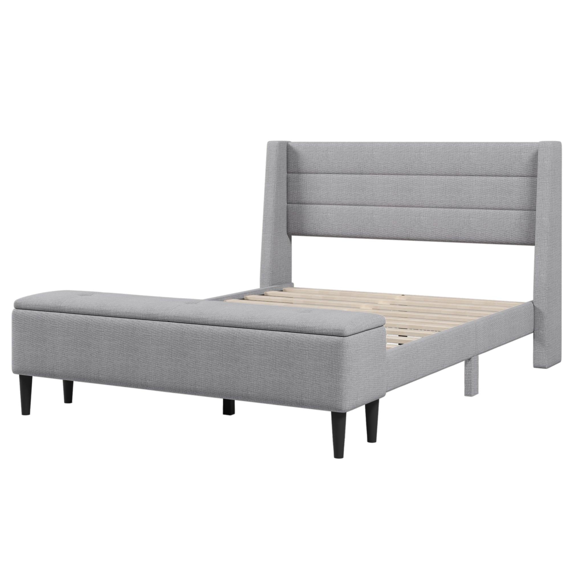 3 Pieces Gray Queen UpholsteredStorage Bed Frame withStorage Ottoman Bench and Two Nightstands