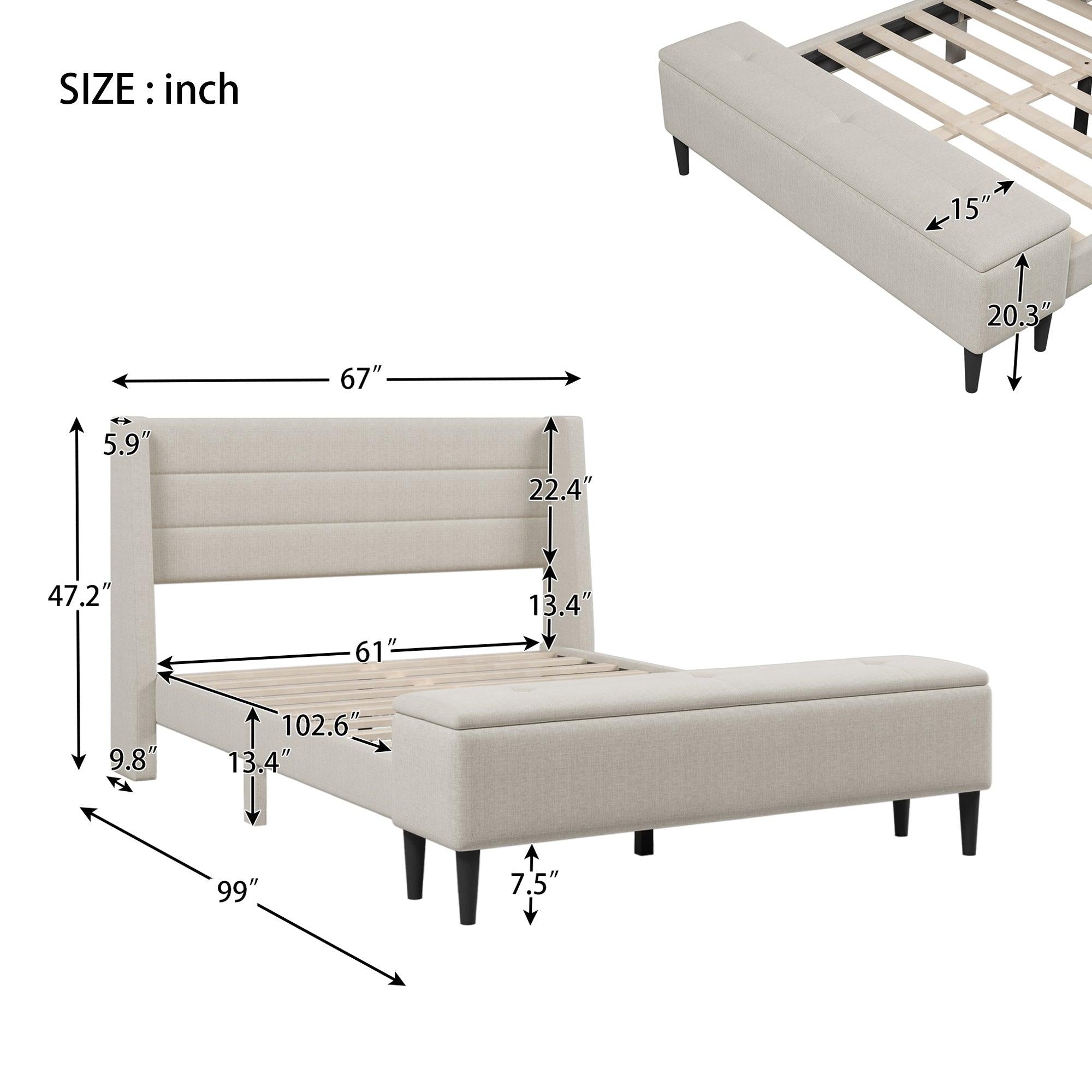 3 Pieces Bedroom Set Beige Queen UpholsteredStorage Bed Frame withStorage Ottoman Bench and Two Nightstands