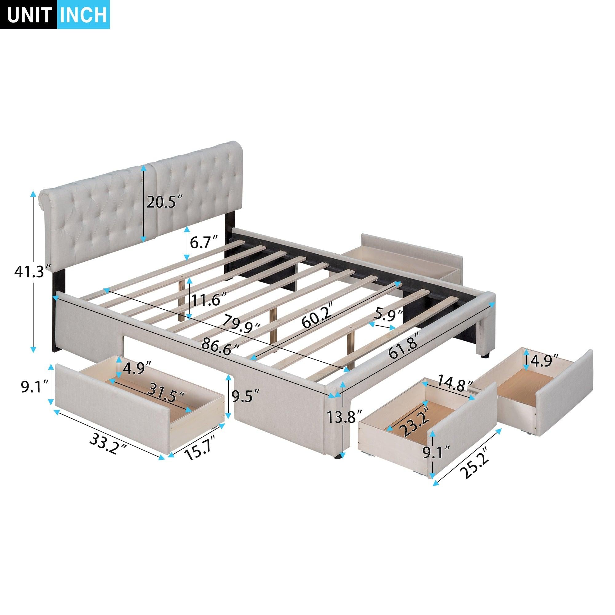 Queen Size Upholstery Platform Bed with Four Drawers,Beige