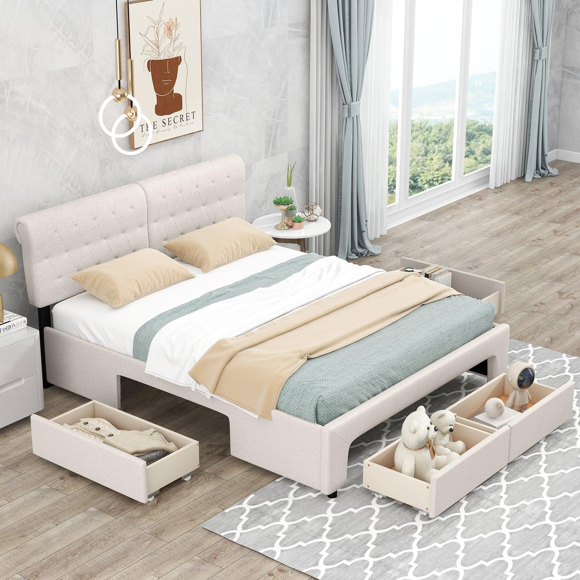 Queen Size Upholstery Platform Bed with Four Drawers,Beige image