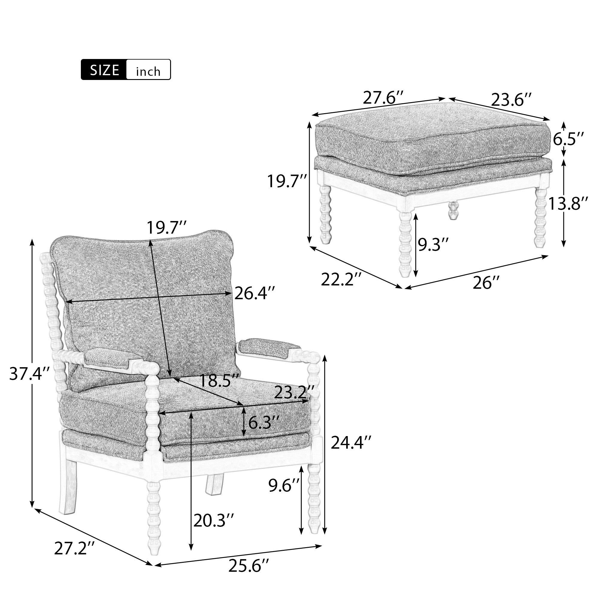 The Spindal Chair Velvet Accent Chair with Ottoman,Modern Lounge Accent Chair with Armrests pad, Reading Chair with Footrest for Small Space, Living room, White+Gray