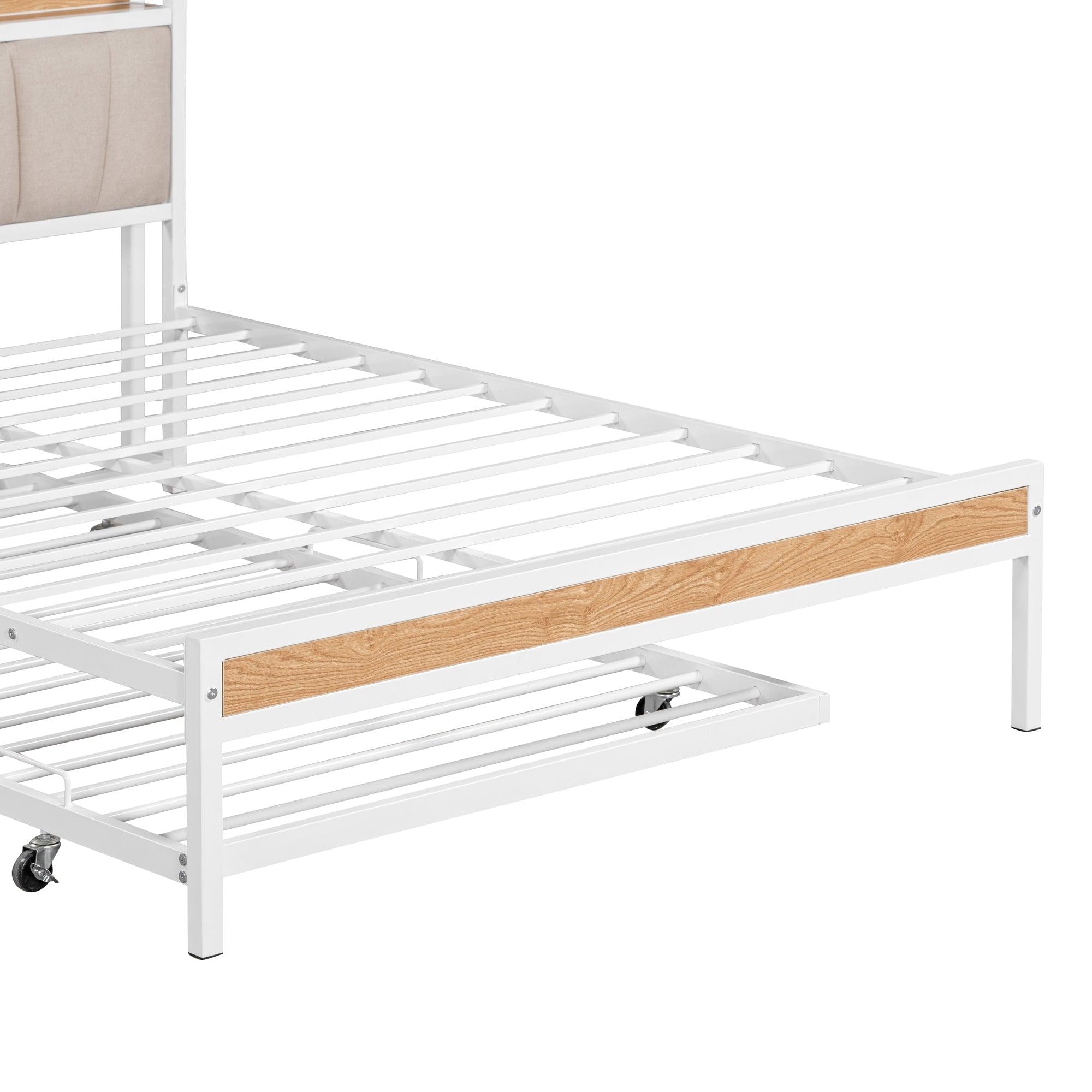 Full Size Metal Platform Bed Frame with Twin size trundle, Upholstered headboard ，Sockets, USB Ports and Slat Support ,No Box Spring Needed，White