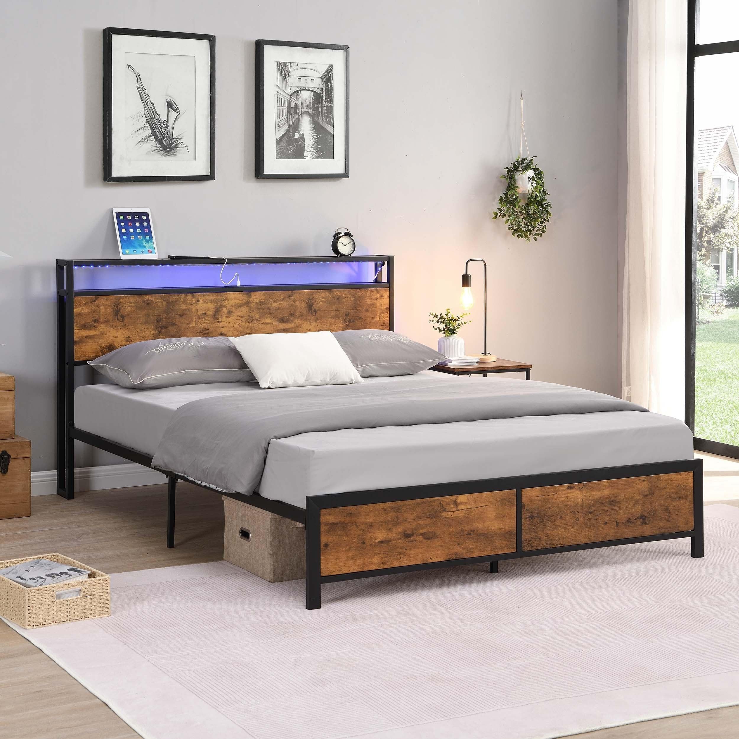 Industrial Queen Bed Frame with LED Lights and 2 USB Ports, Bed Frame Queen Size withStorage, Noise Free, No Box Spring Needed, Rustic Brown image