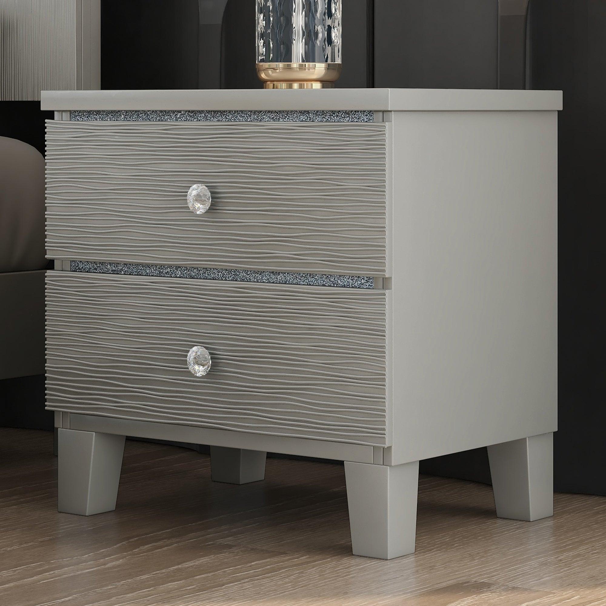 Champagne Silver Rubber Wood Nightstand Side table with 2 Drawers Metal Slides Crystal Handle