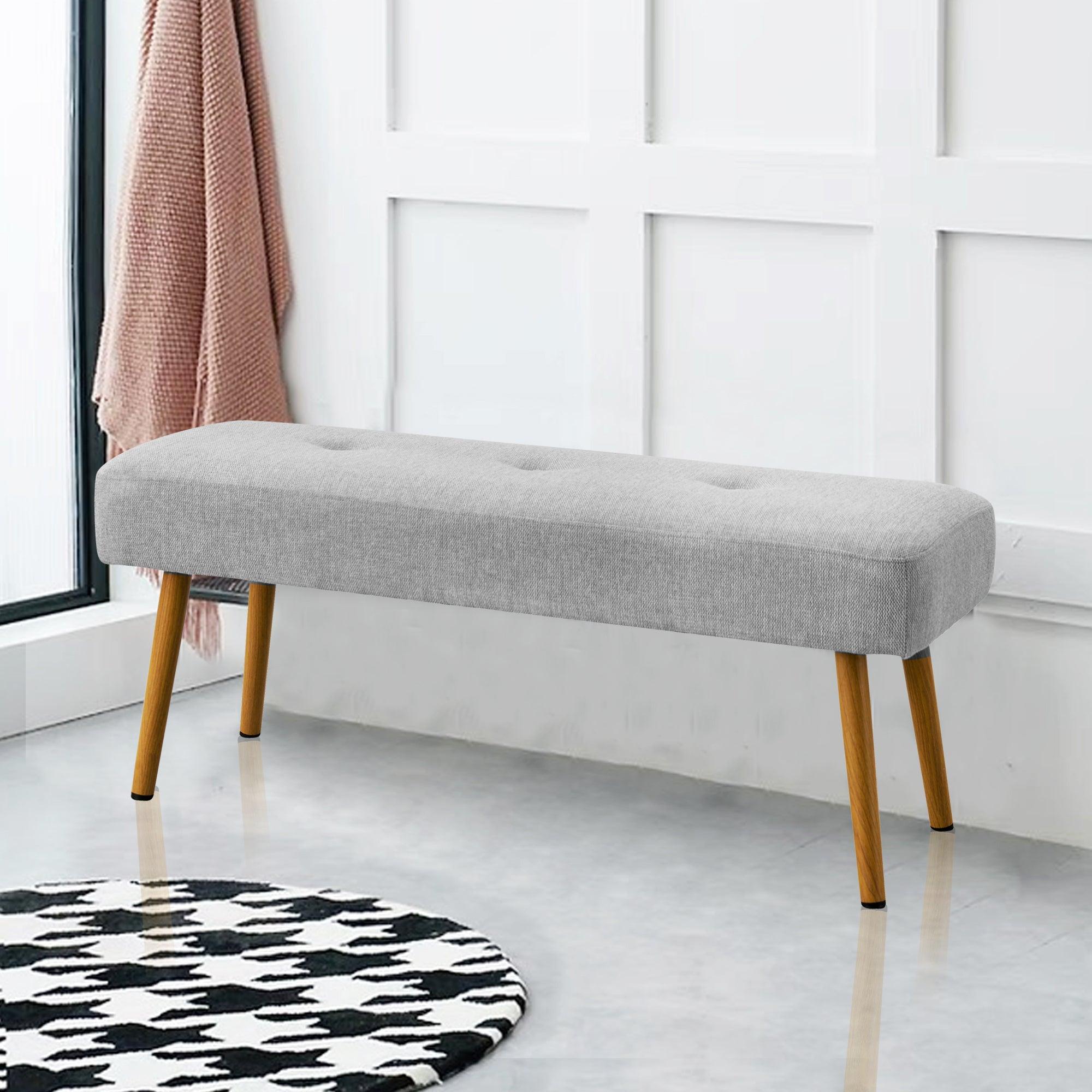 Linen Fabric Upholstered Bench With Gold Metal Legs .Shoe Changing Bench Sofa Bench Dining Chair .for to Bedroom Fitting Room, Store, Dining Room and Living Room.