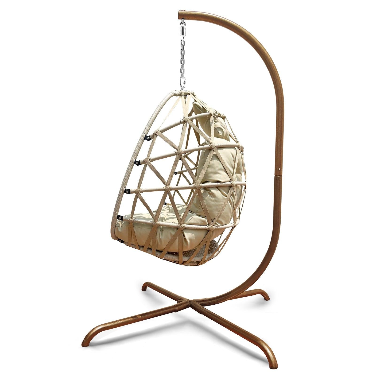 Swing Egg Chair with Stand Indoor Outdoor Wicker Rattan Patio Basket Hanging Chair with C Type bracket , with cushion and pillow,Patio Wicker folding Hanging Chair