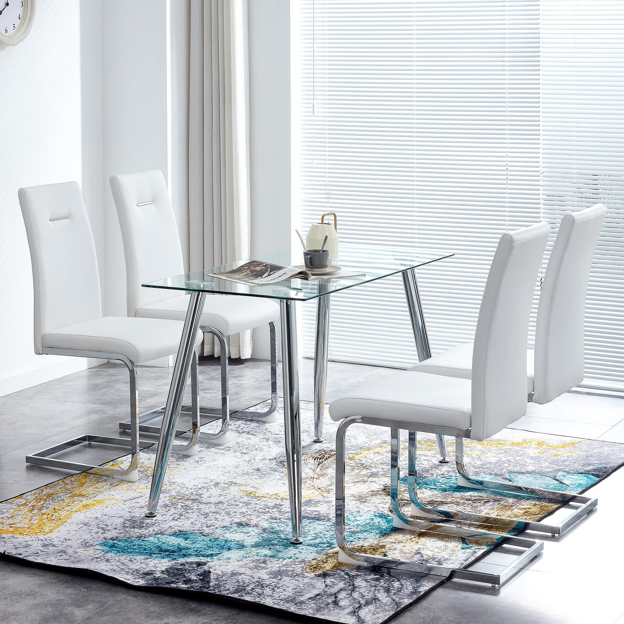 Glass Dining Table, Dining Chair set, 4 White  Dining Chairs and 1 Dining Table .Table Size 51" W x 31"D x 30" H