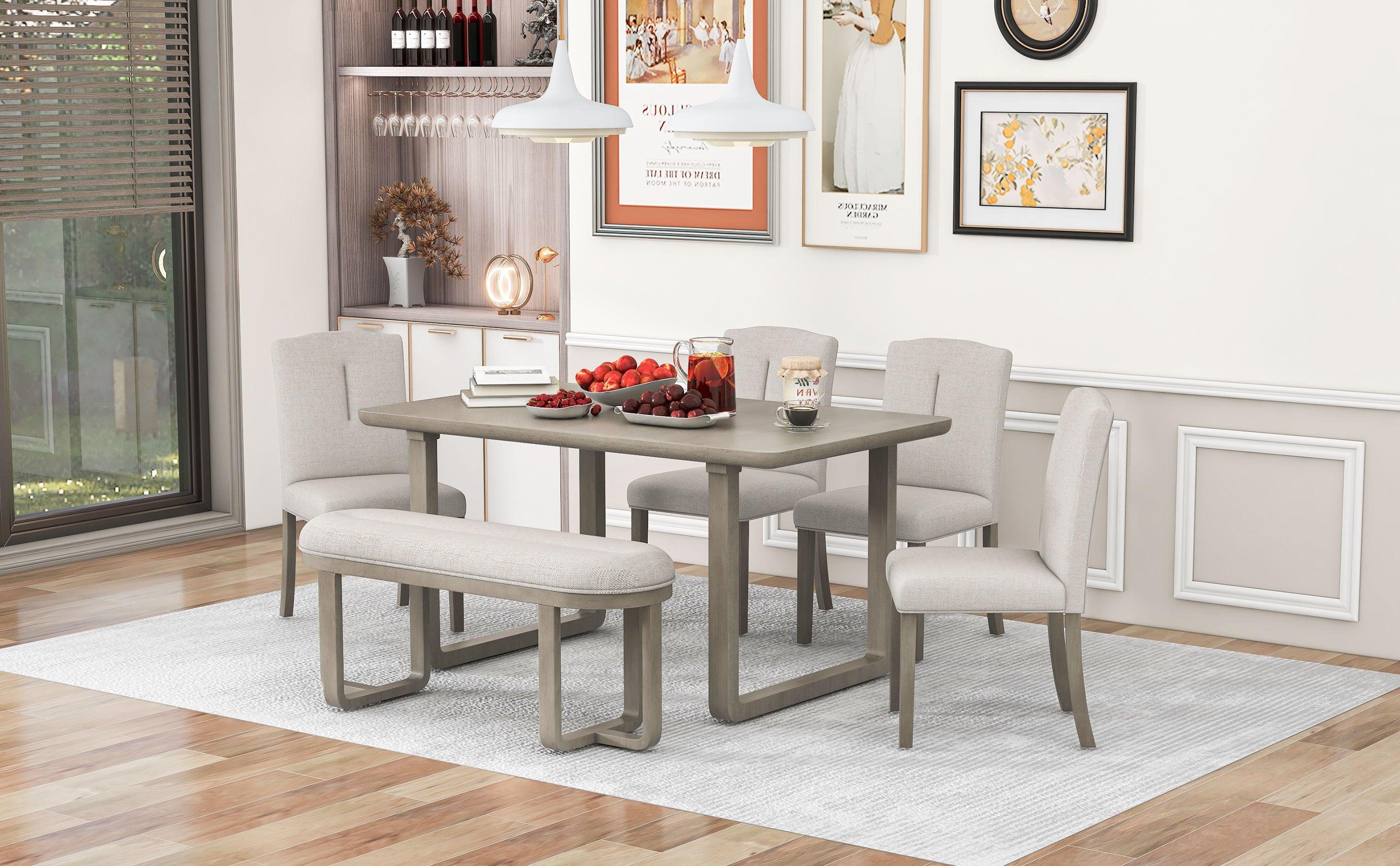 6-Piece Retro-Style Dining Set Includes Dining Table, 4 Upholstered Chairs & Bench with Foam-covered Seat Backs&Cushions for Dining Room (Light Khaki+Beige)